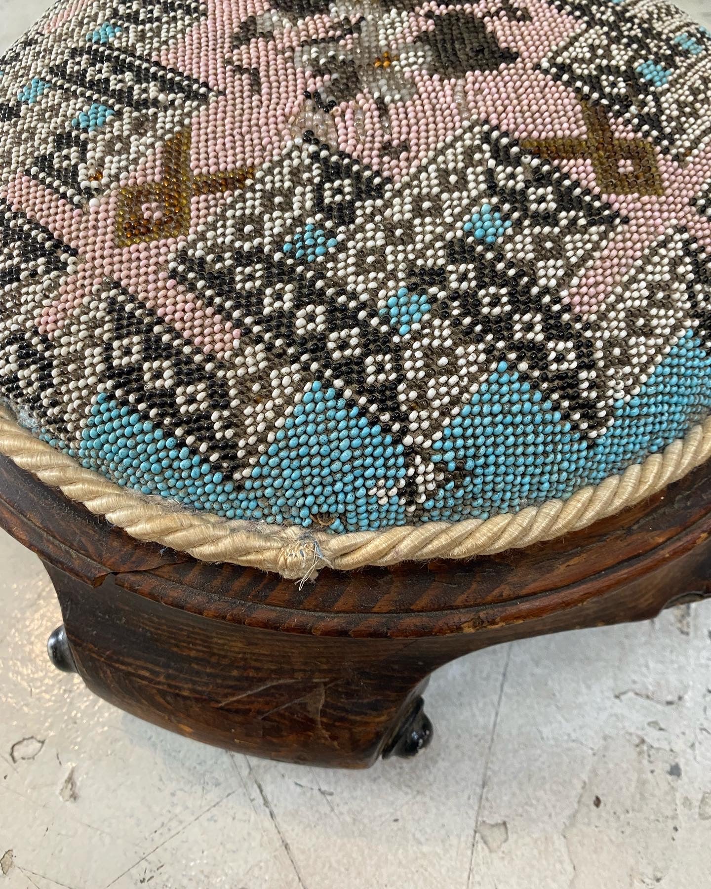 Round Pink and Blue Antique Beaded Footstool, English, Kneeling Stool, Victorian, Circa 1860