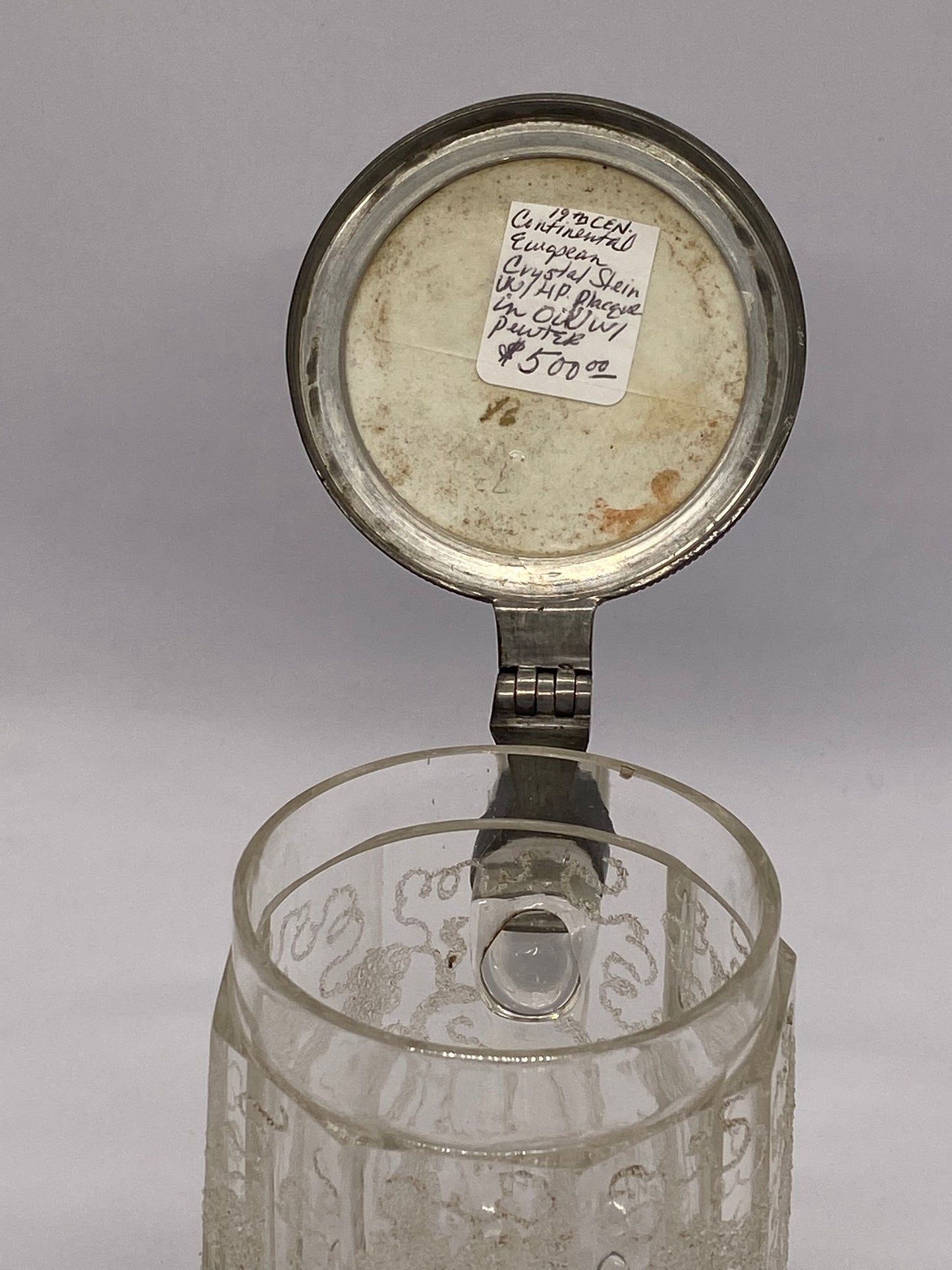 Jarra de cristal de Europa continental del siglo XIX (con placa de porcelana pintada a mano)