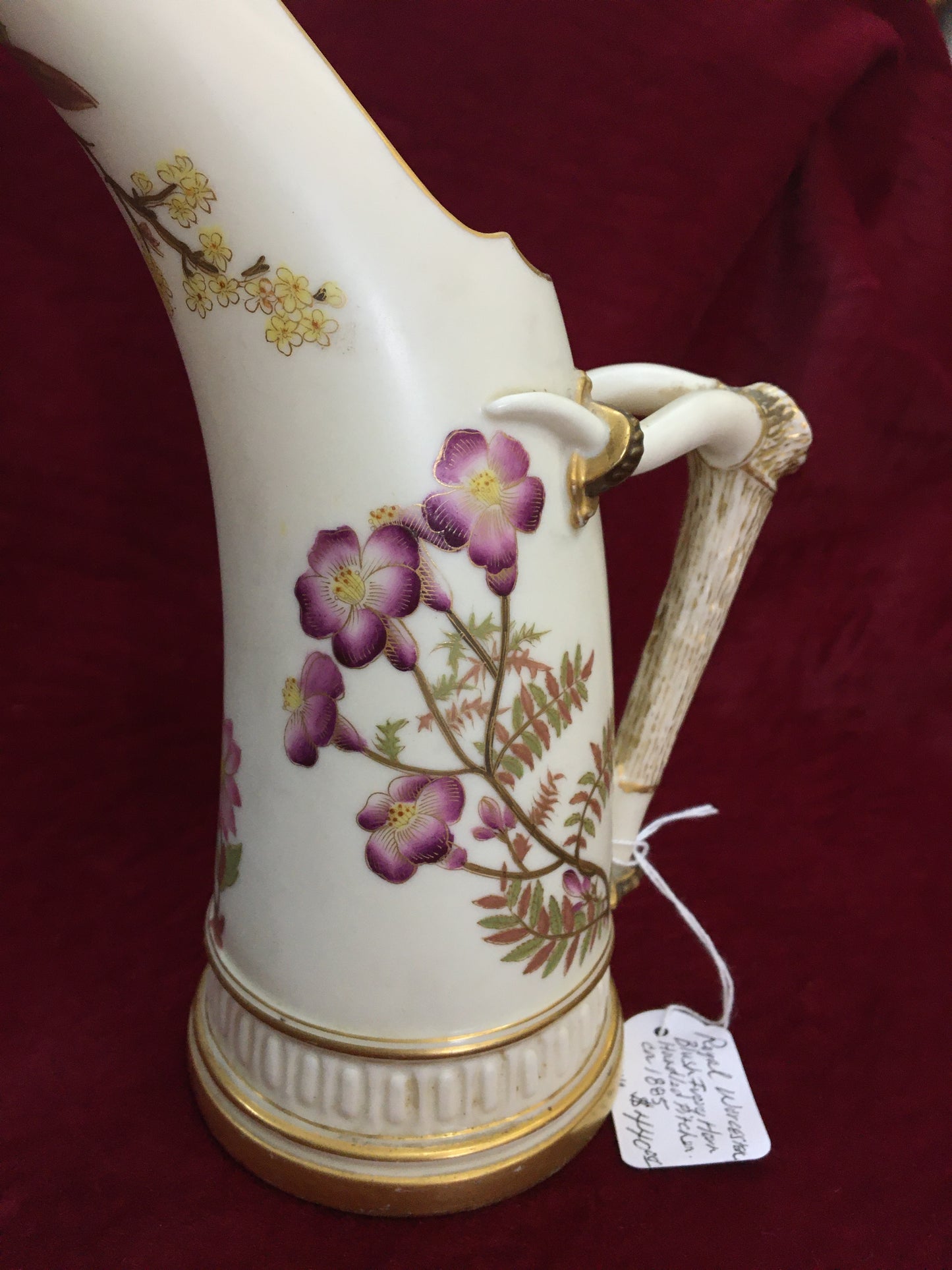 Art Nouveau Royal Worcester Blush Ivory Figural Horn Handled Pitcher