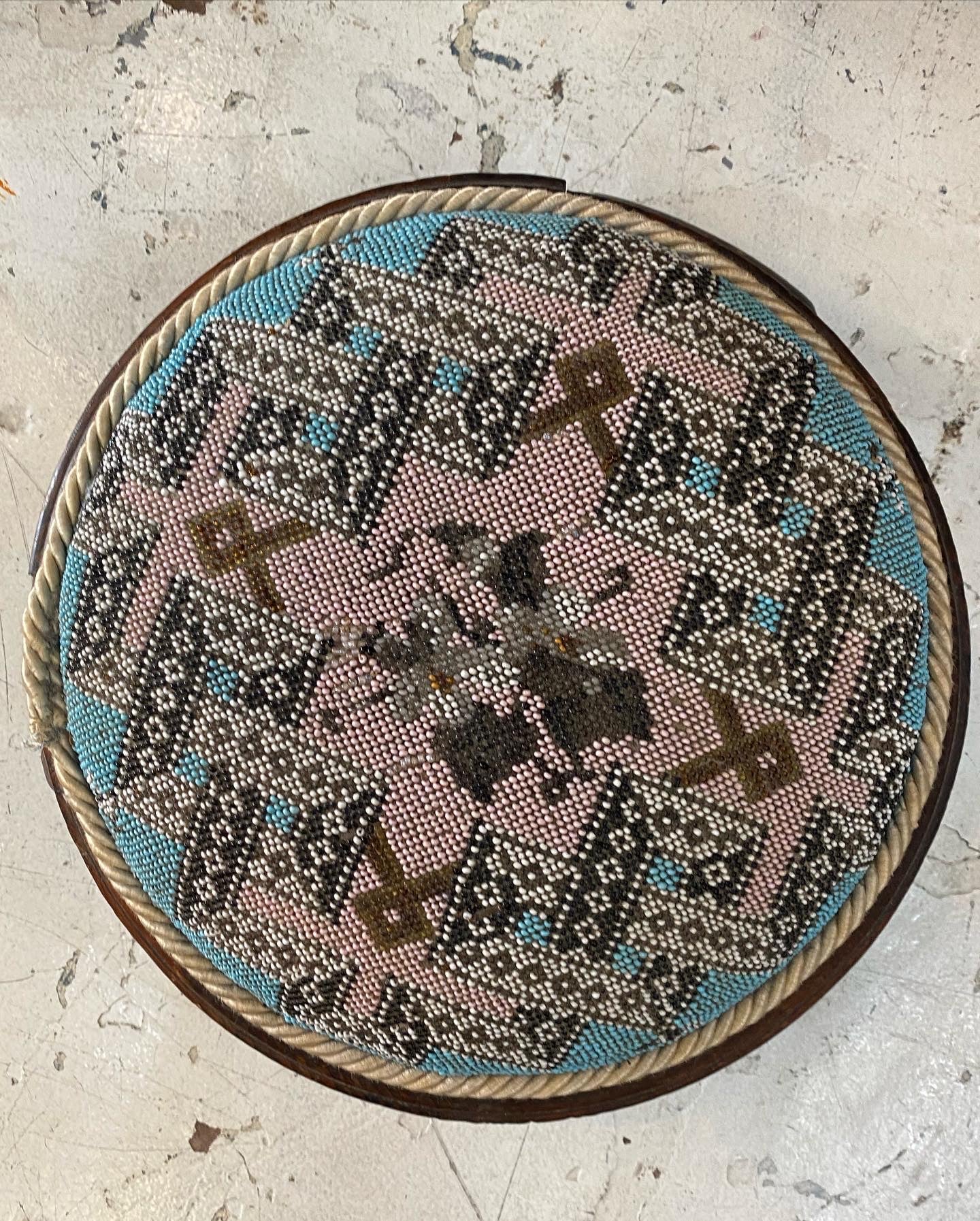 Round Pink and Blue Antique Beaded Footstool, English, Kneeling Stool, Victorian, Circa 1860