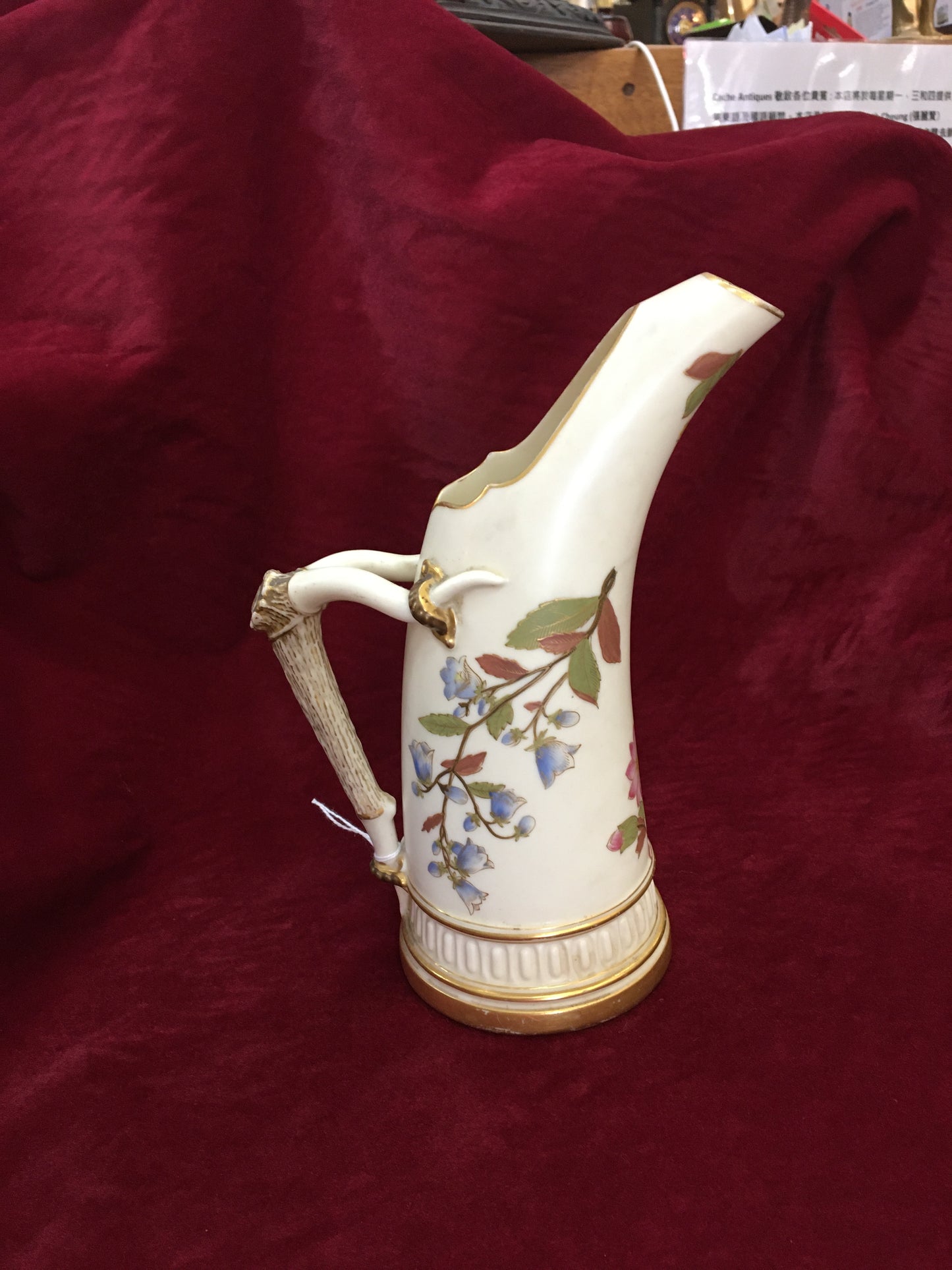 Art Nouveau Royal Worcester Blush Ivory Figural Horn Handled Pitcher