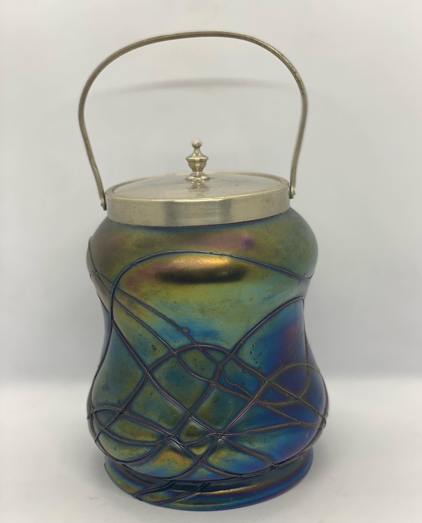 Pallme-Konig Biscuit Barrel Circa 1900s w/ Iridized Glass and Vitreous Glass Trail Lattice