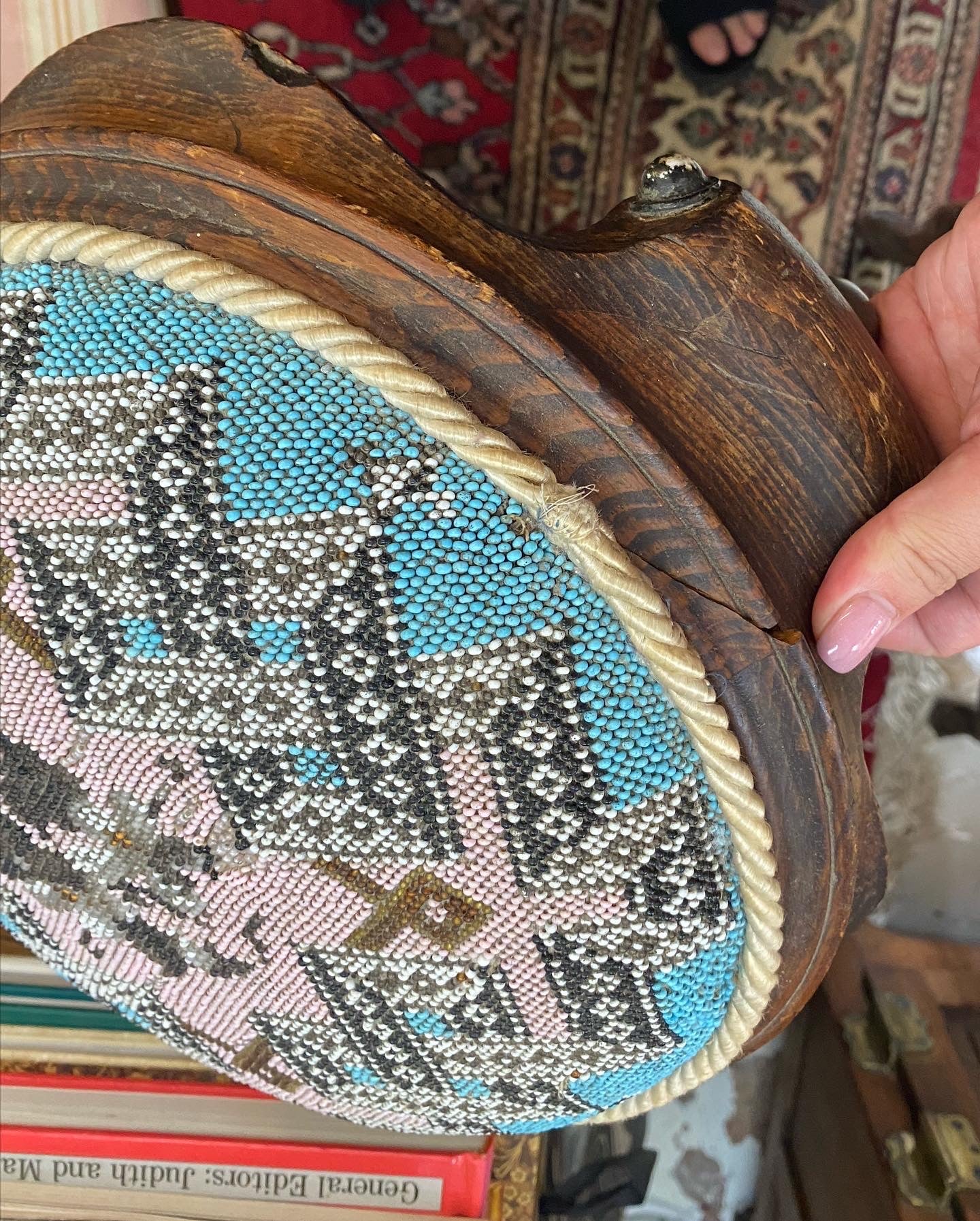 Round Pink and Blue Antique Beaded Footstool, English, Kneeling Stool, Victorian, Circa 1860