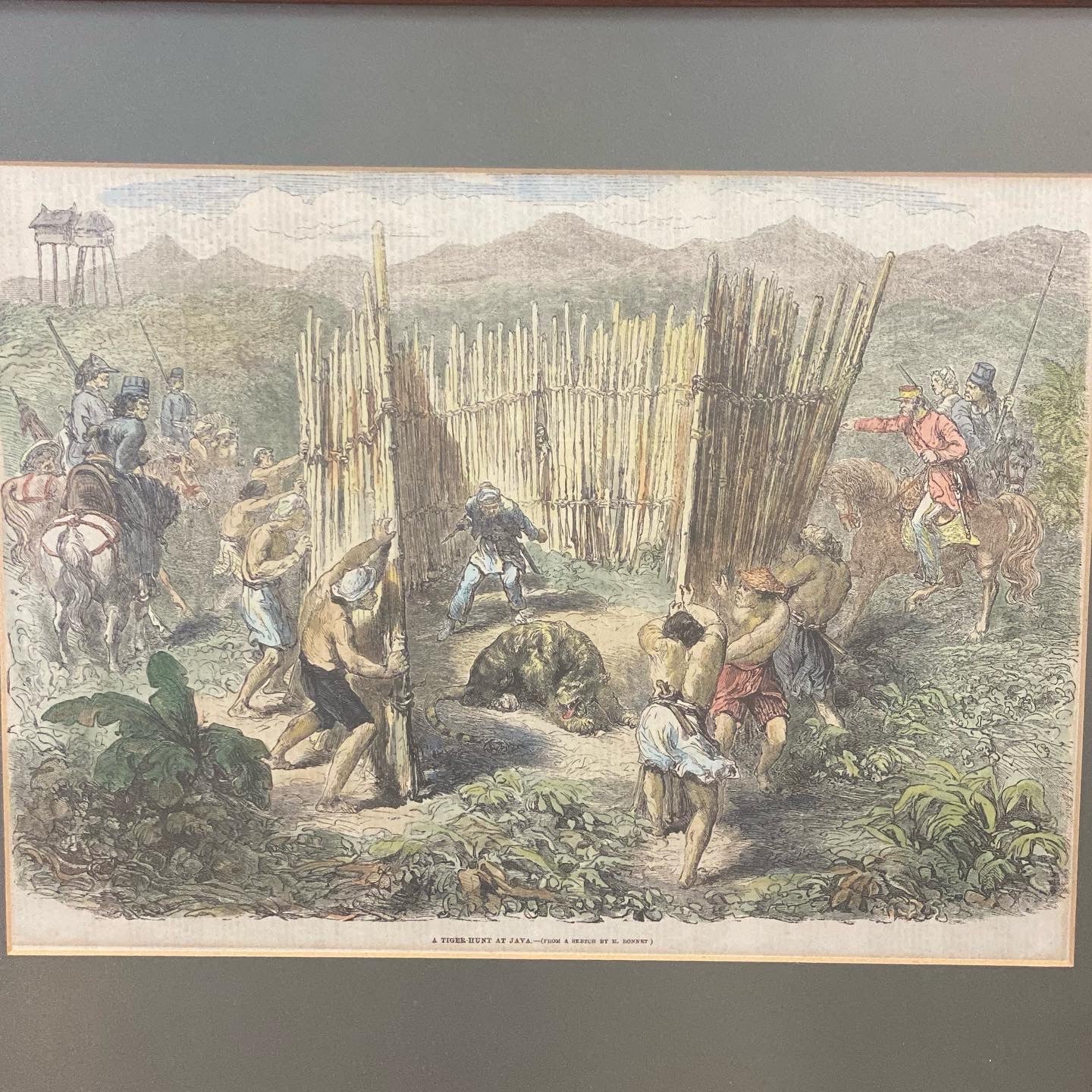 “A Tiger Hunt at Java (from a sketch by M. Bonnet)” dated 1862.