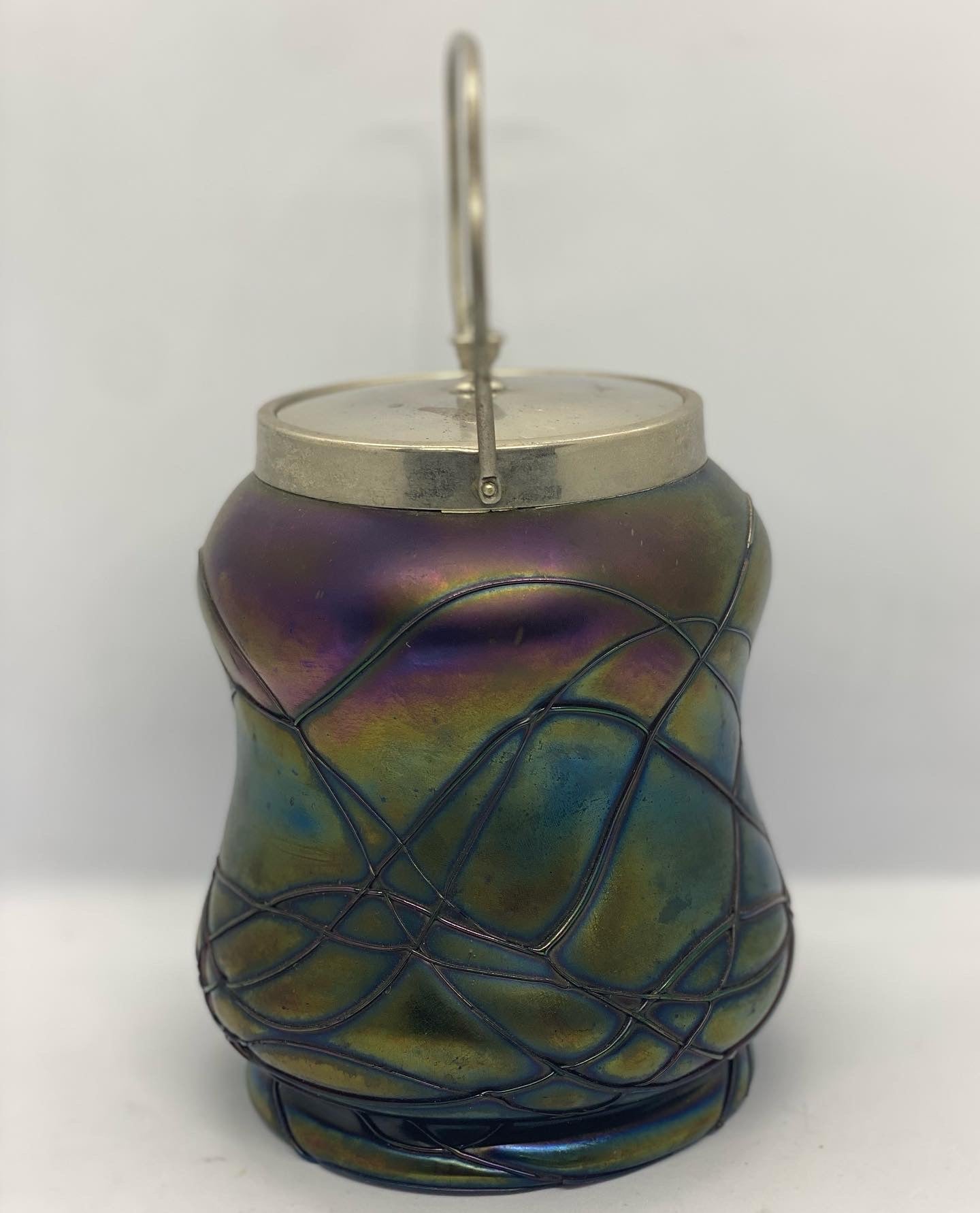 Pallme-Konig Biscuit Barrel Circa 1900s w/ Iridized Glass and Vitreous Glass Trail Lattice