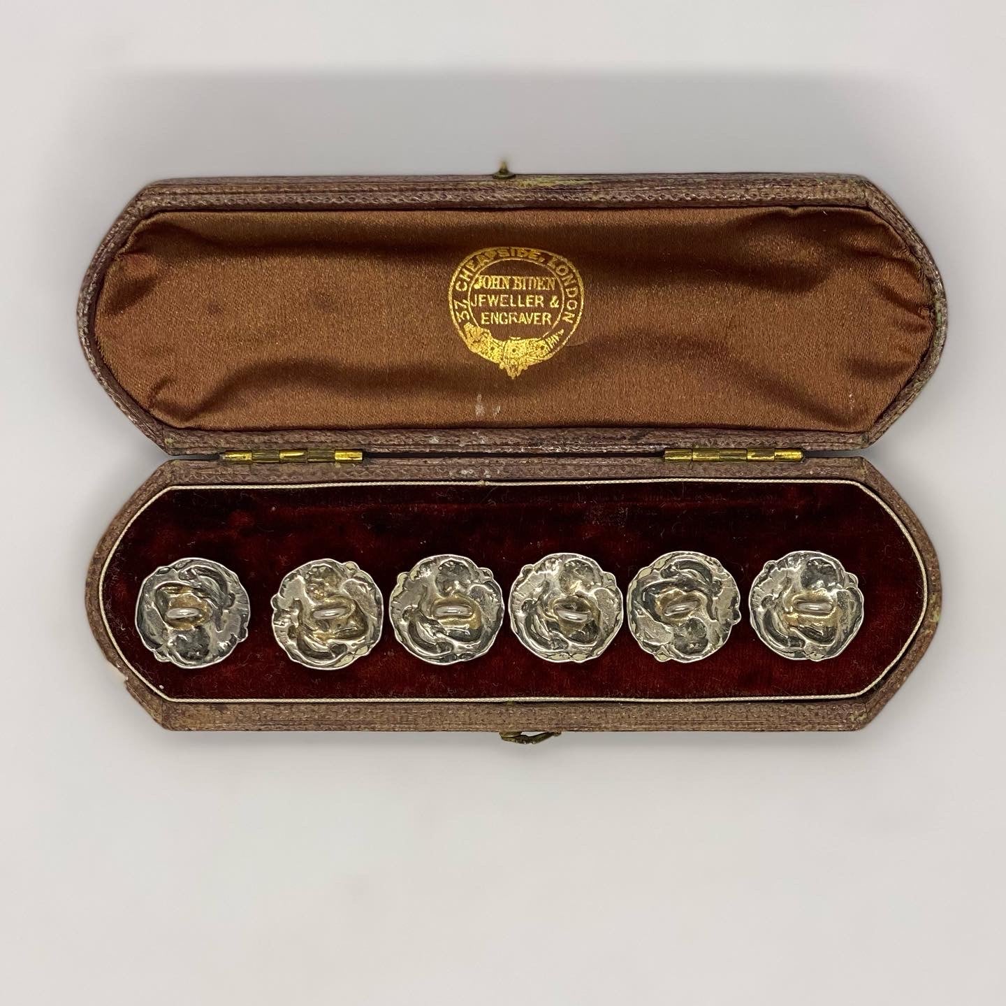 Stunning Edwardian Sterling Silver Buttons Depicting Orpheus, Complete Set of Six.