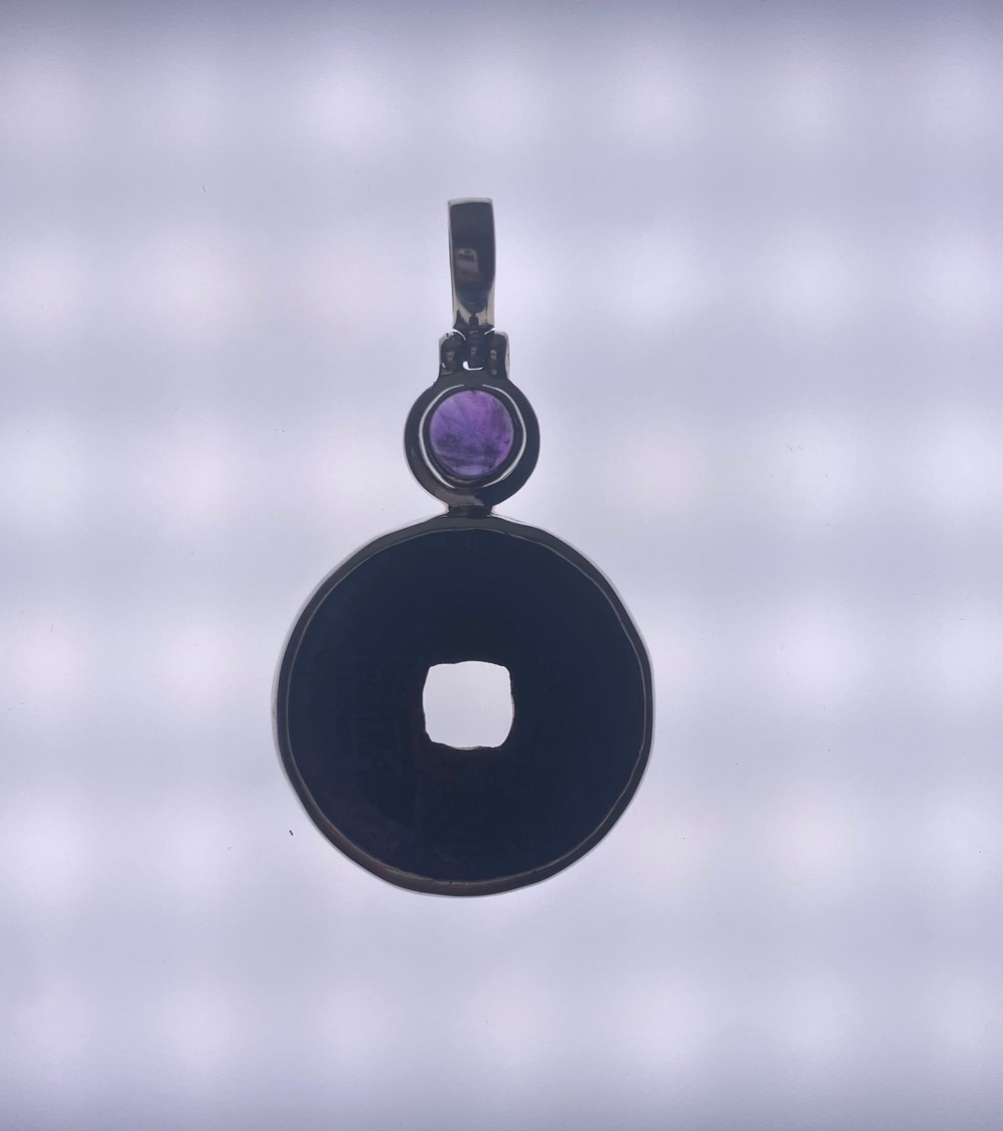 古董清朝乾隆年间(1735-1796)钱币吊坠,纯银镶紫水晶