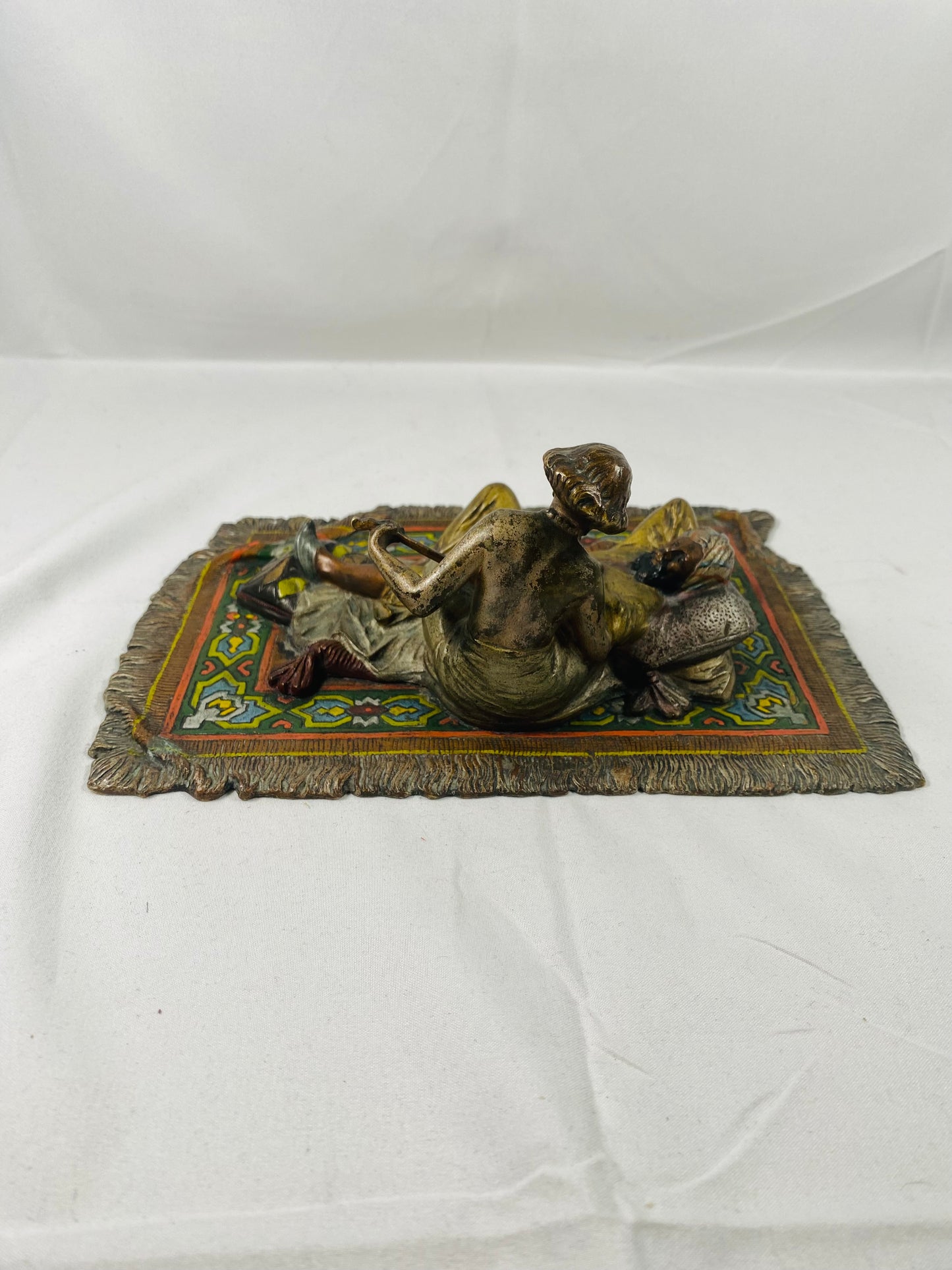 Viennese Cold Painted Erotic Bronze of Man and Female Musician on Carpet, Moorish / Oriental Style c. 1910. Attributed to Franz Bergman.
