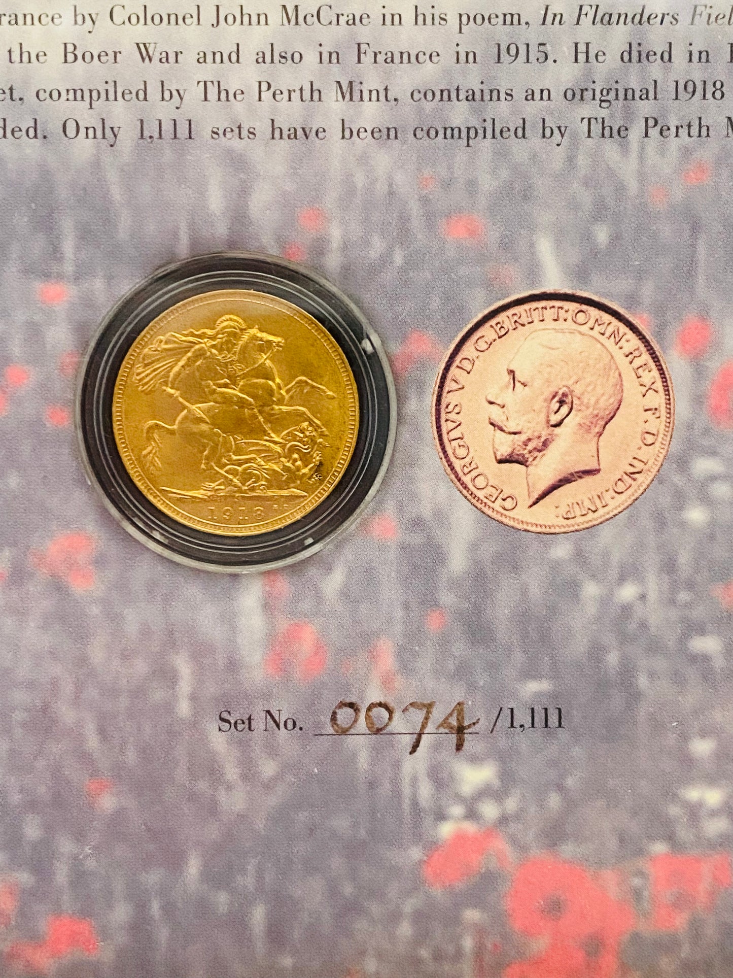 珀斯铸币厂于 2018 年发行限量版一战百年纪念 1918 年金币,共 1,111 枚,编号为 74。