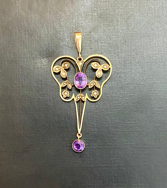 Edwardian amethyst and seed pearl lavalier pendant in 9ct gold setting