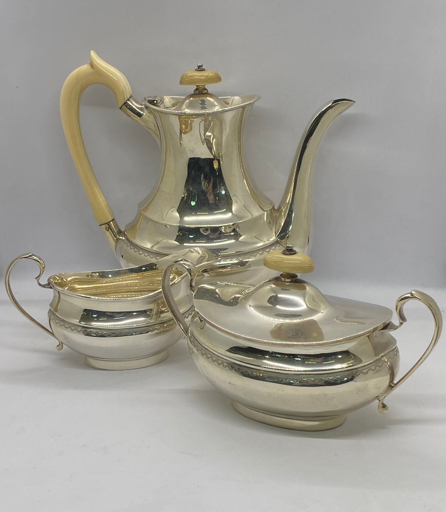 Vintage English Three Piece Silver Coffee Set Hallmarked Sheffield 1957, Emile Vines