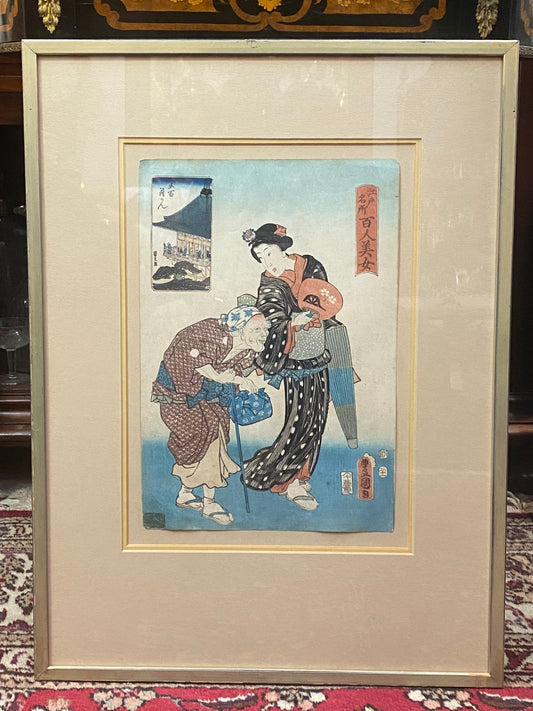 Antique Edo Period ukiyo-e print by Kunisada, “The Temple of the Five Hundred Arhats”  circa 1857.