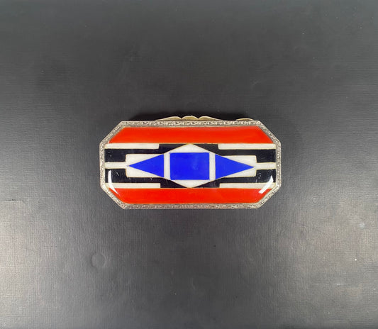Exceptional European, Likely French Art Deco Enamel and Sterling Silver Compact- Inlaid with Red White, Black and Blue
