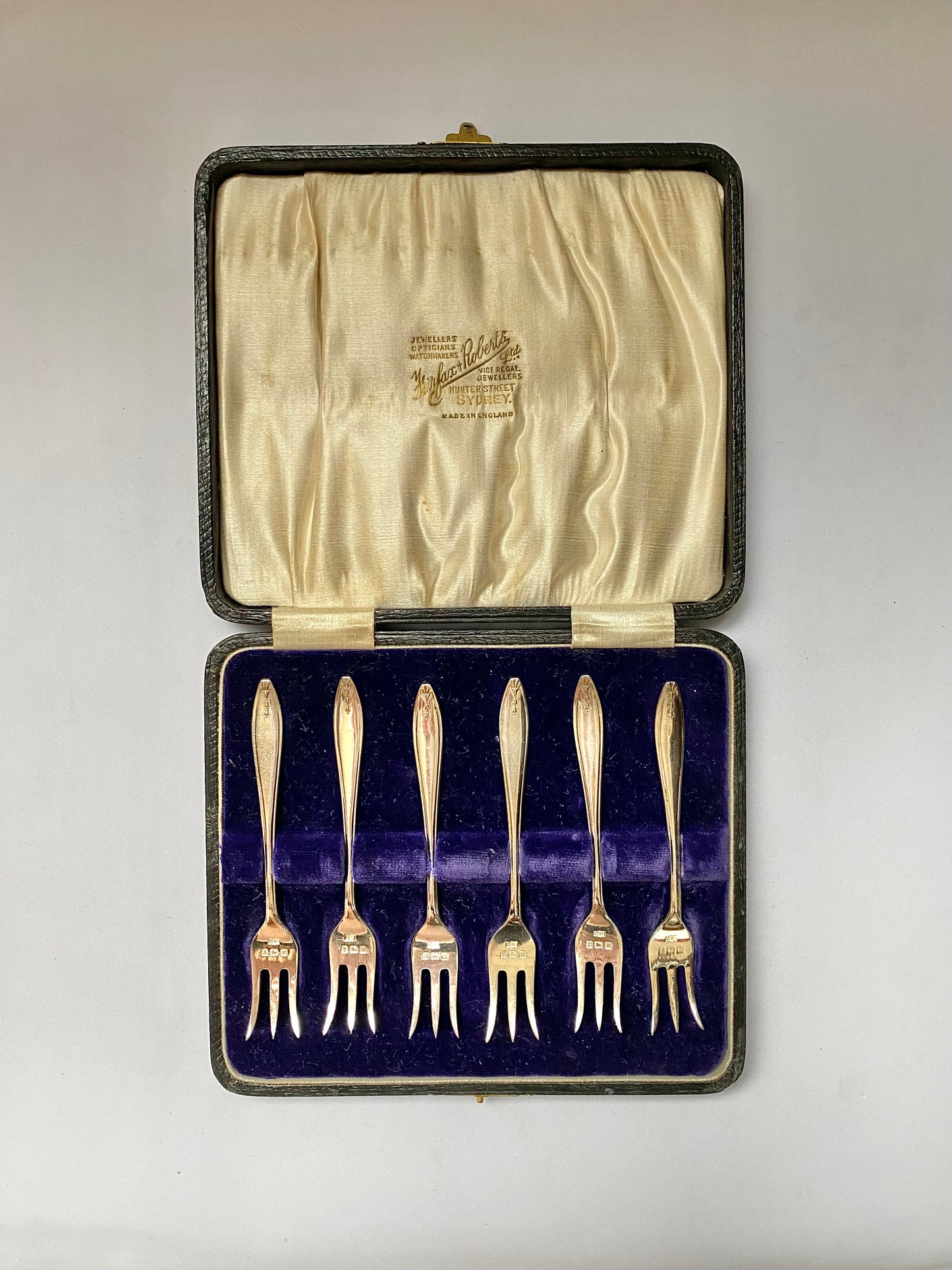 Tenedores de ostras antiguos de plata esterlina inglesa, juego de 6, estuche original