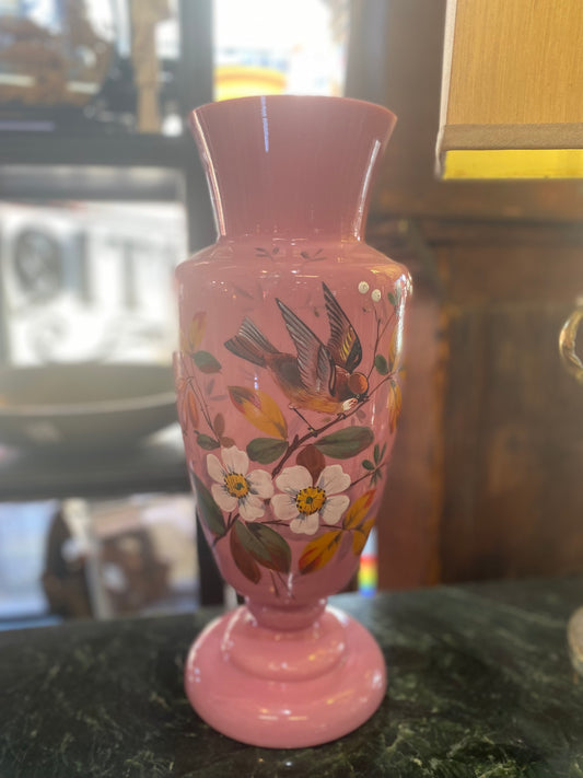 Hand painted Pink Milk, possibly Opaline Glass Victorian Mantle Vase