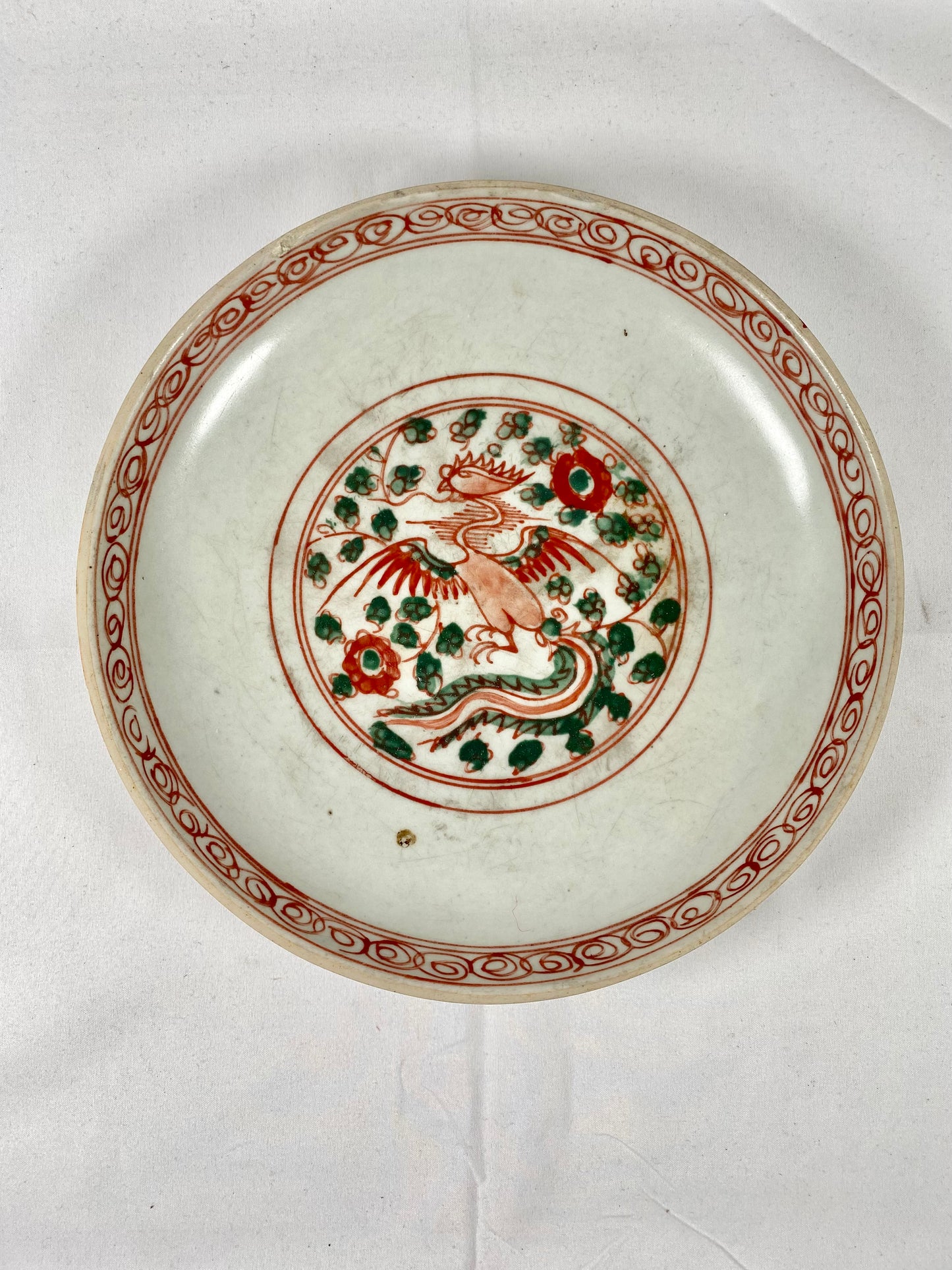 Large 16th Century Ming Chinese Swatow Plate w Red and Green Phoenix Motif