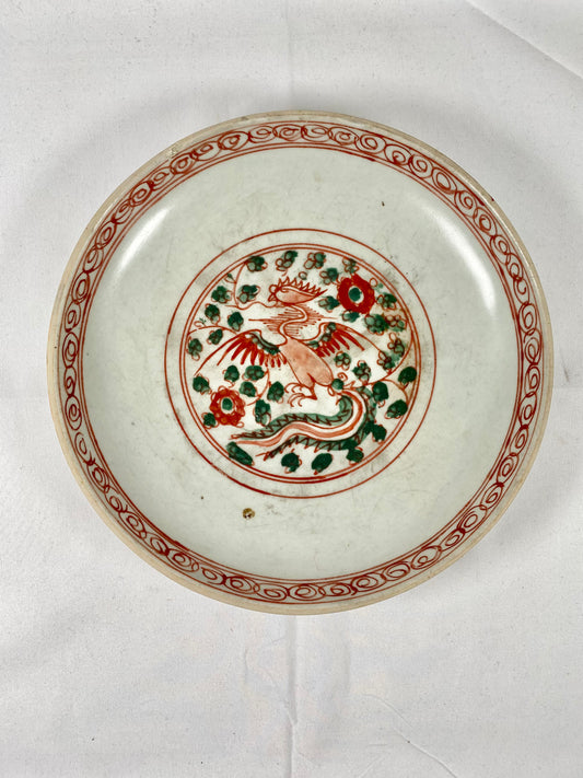 Large 16th Century Ming Chinese Swatow Plate w Red and Green Phoenix Motif