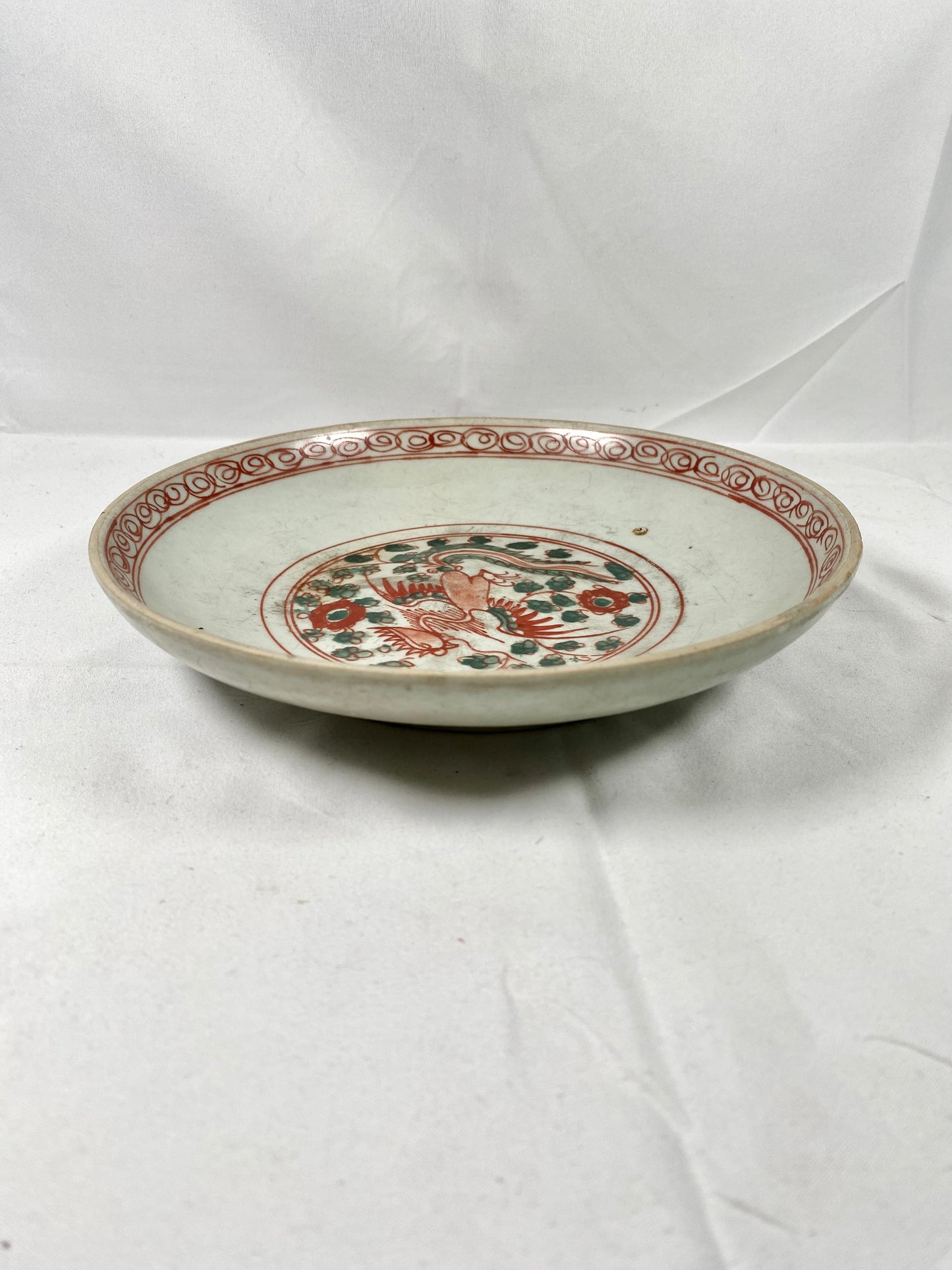 Large 16th Century Ming Chinese Swatow Plate w Red and Green Phoenix Motif