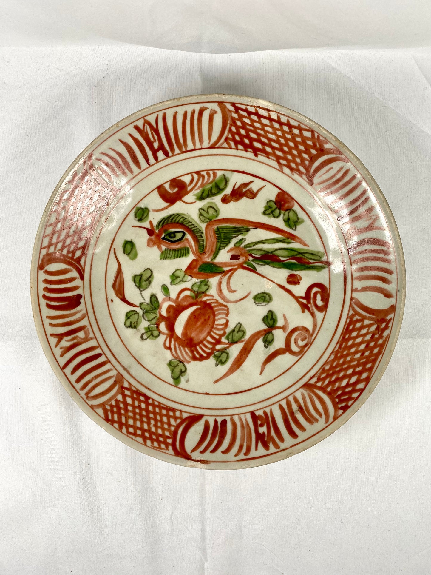 Large 16th Century Ming Chinese Swatow Plate w Rare Red and Green Phoenix Motif