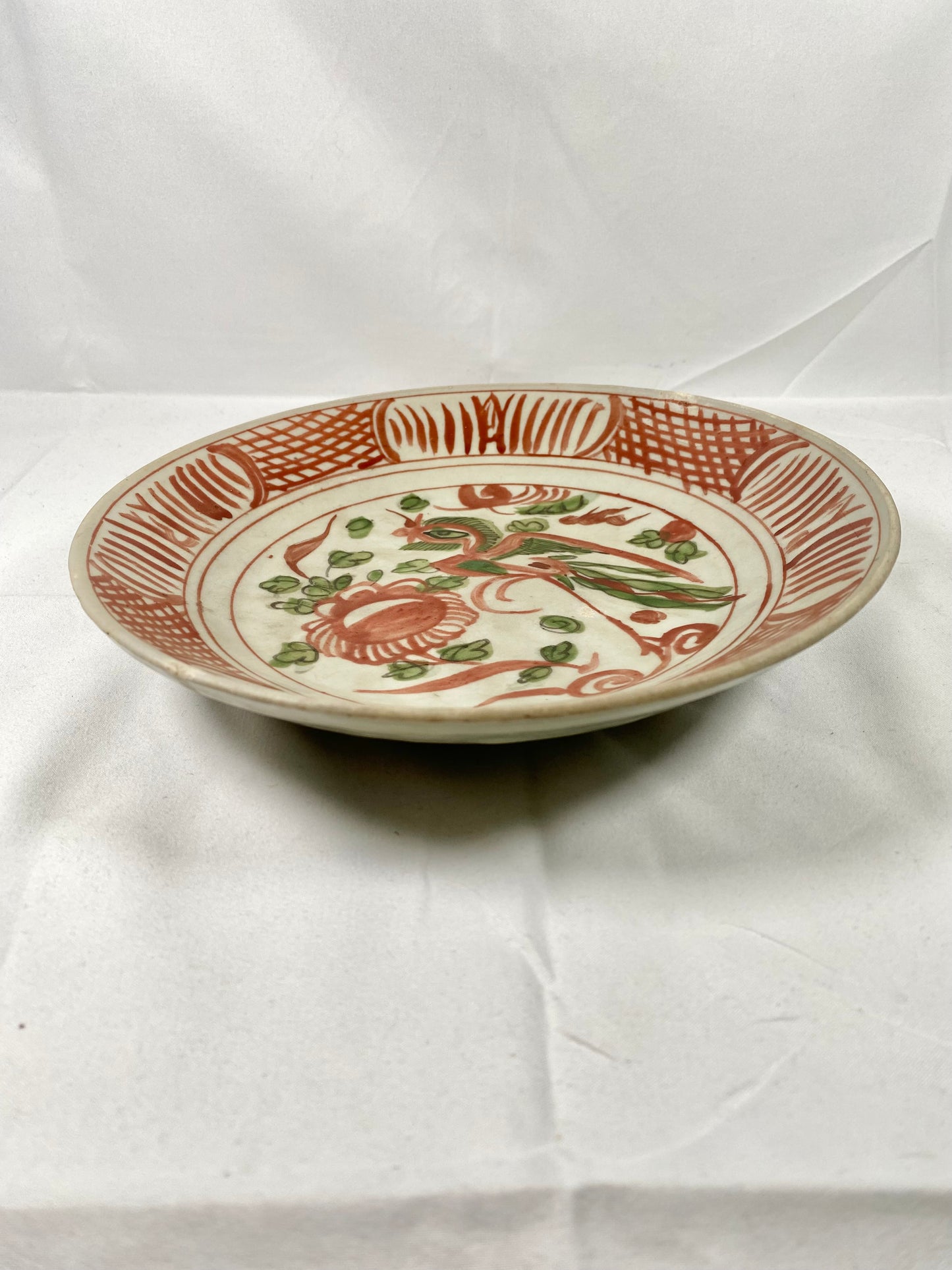 Large 16th Century Ming Chinese Swatow Plate w Rare Red and Green Phoenix Motif