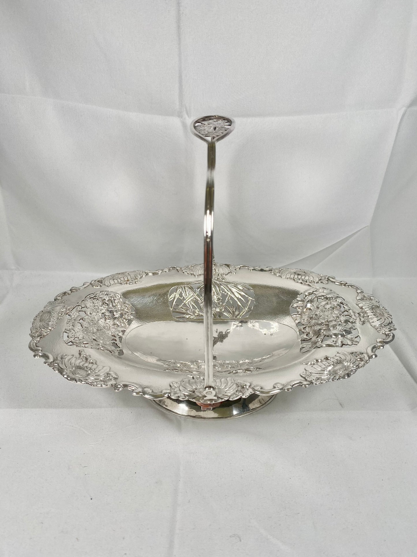 Antique Chinese Export Silver Swing-Handled Basket with Pierced Seasonal and Floral Motifs