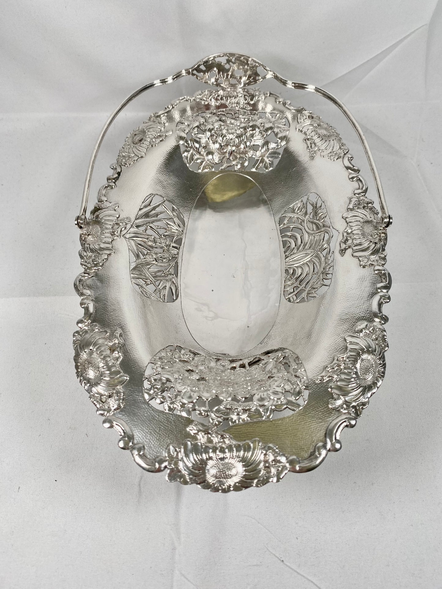 Antique Chinese Export Silver Swing-Handled Basket with Pierced Seasonal and Floral Motifs