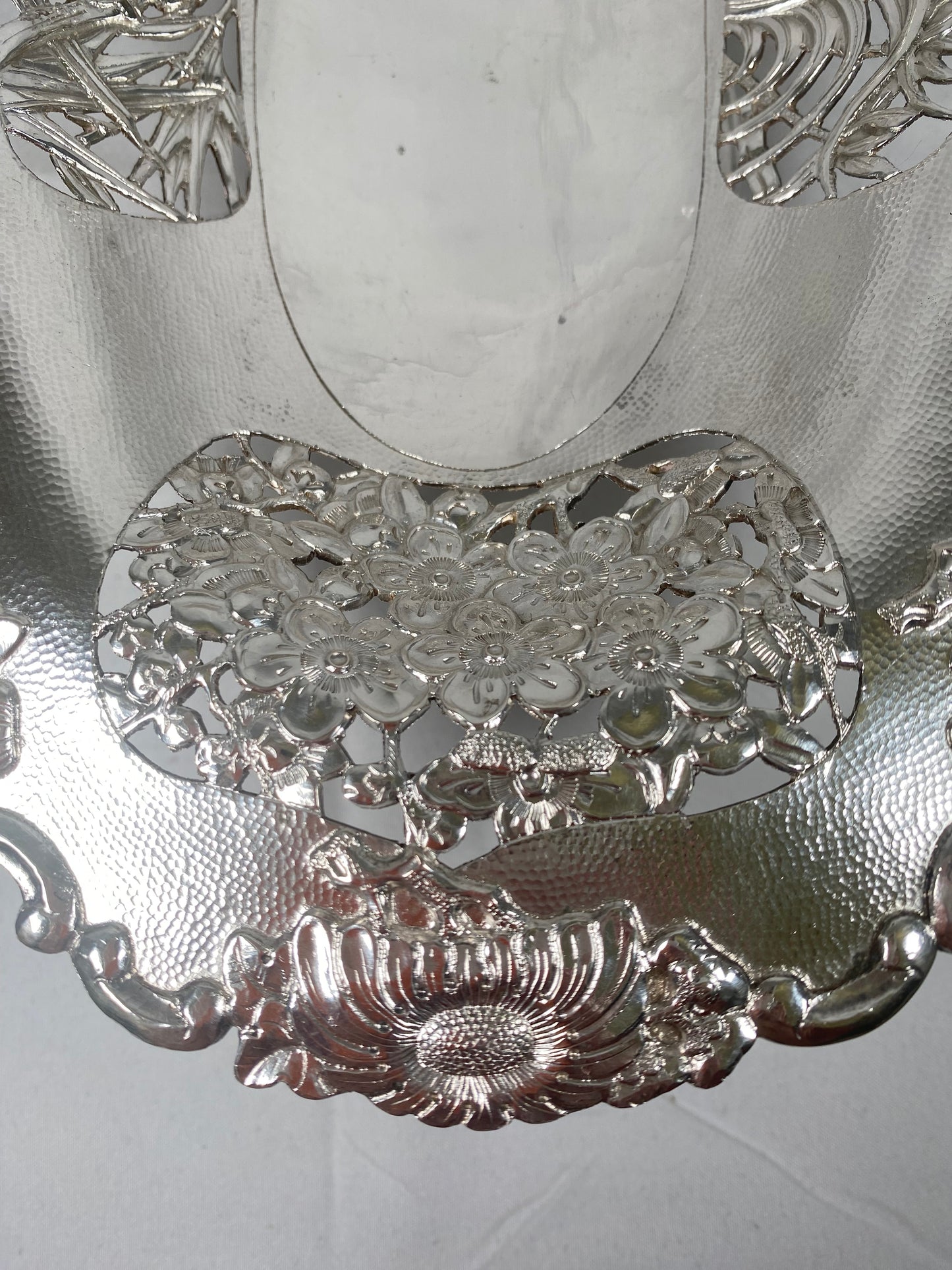 Antique Chinese Export Silver Swing-Handled Basket with Pierced Seasonal and Floral Motifs
