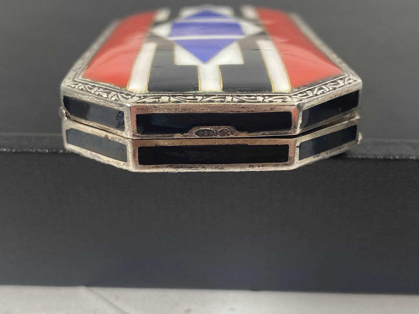 Exceptional European, Likely French Art Deco Enamel and Sterling Silver Compact- Inlaid with Red White, Black and Blue