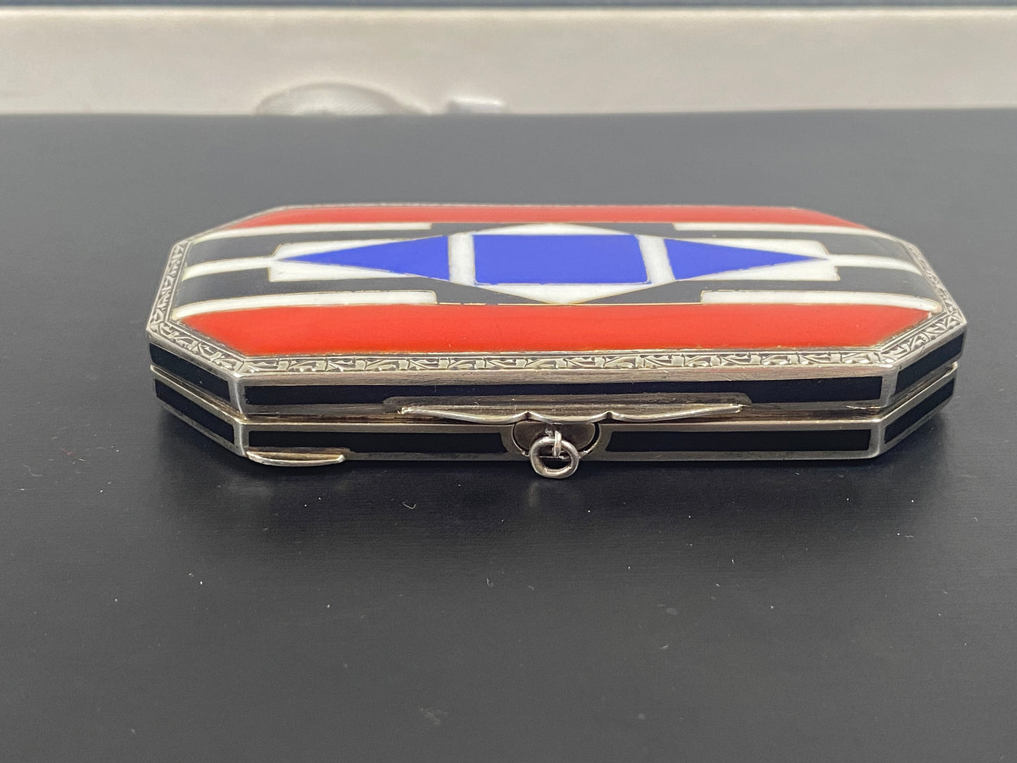 Exceptional European, Likely French Art Deco Enamel and Sterling Silver Compact- Inlaid with Red White, Black and Blue