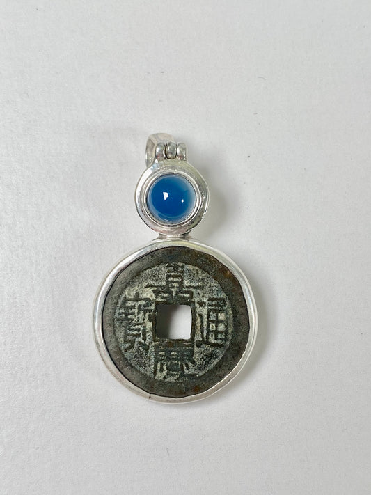 Antique Qing Dynasty Jia Qing Reign (1796-1820) Cash Coin Pendant in Sterling Silver w Blue Agate