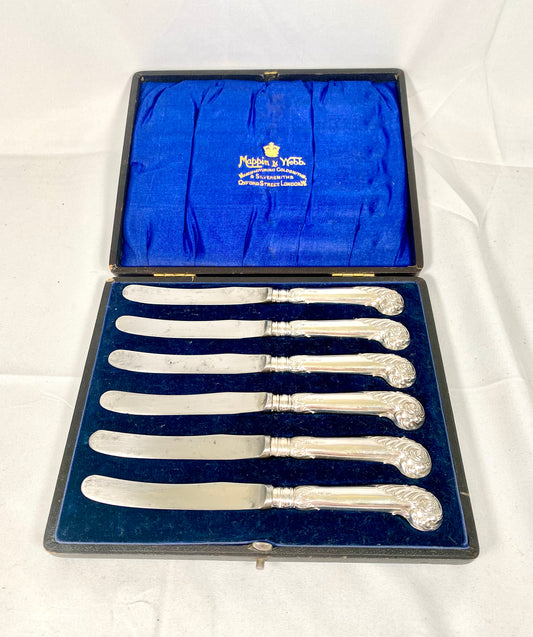 Antique Edwardian Cased Mappin & Webb Sheffield Steel Knives with Sterling Silver Handles, Set of 6
