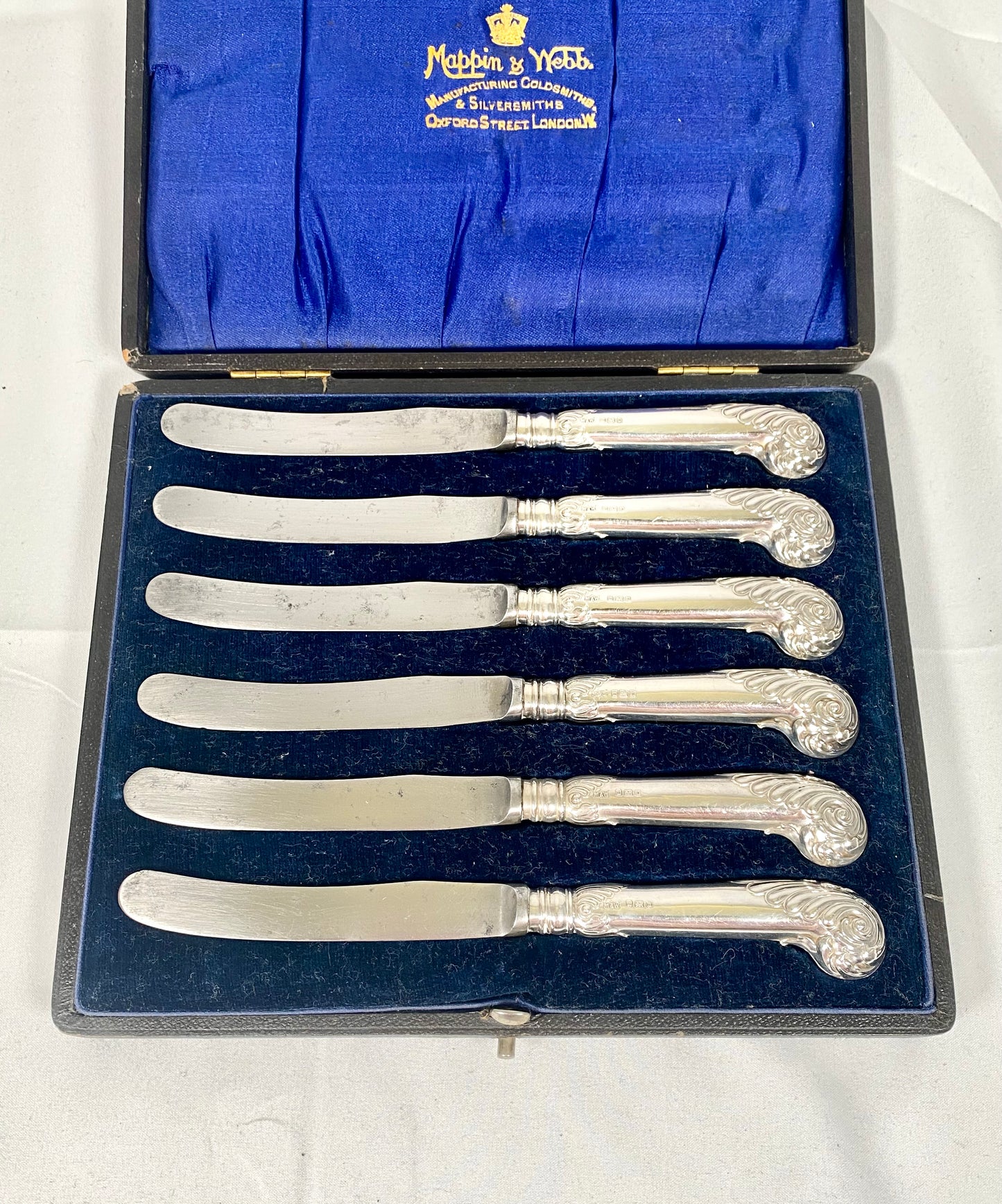 Antique Edwardian Cased Mappin & Webb Sheffield Steel Knives with Sterling Silver Handles, Set of 6
