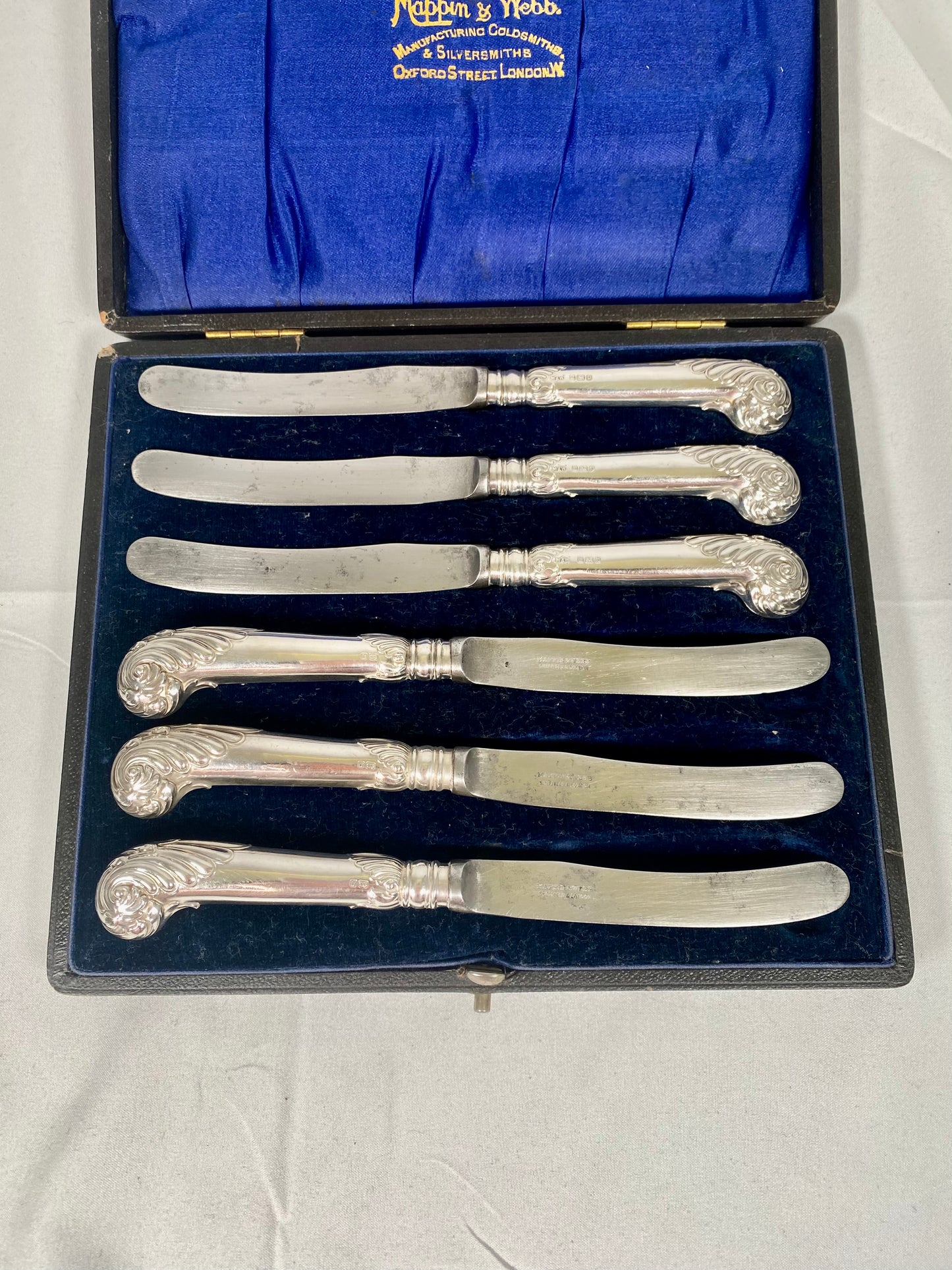 Antique Edwardian Cased Mappin & Webb Sheffield Steel Knives with Sterling Silver Handles, Set of 6
