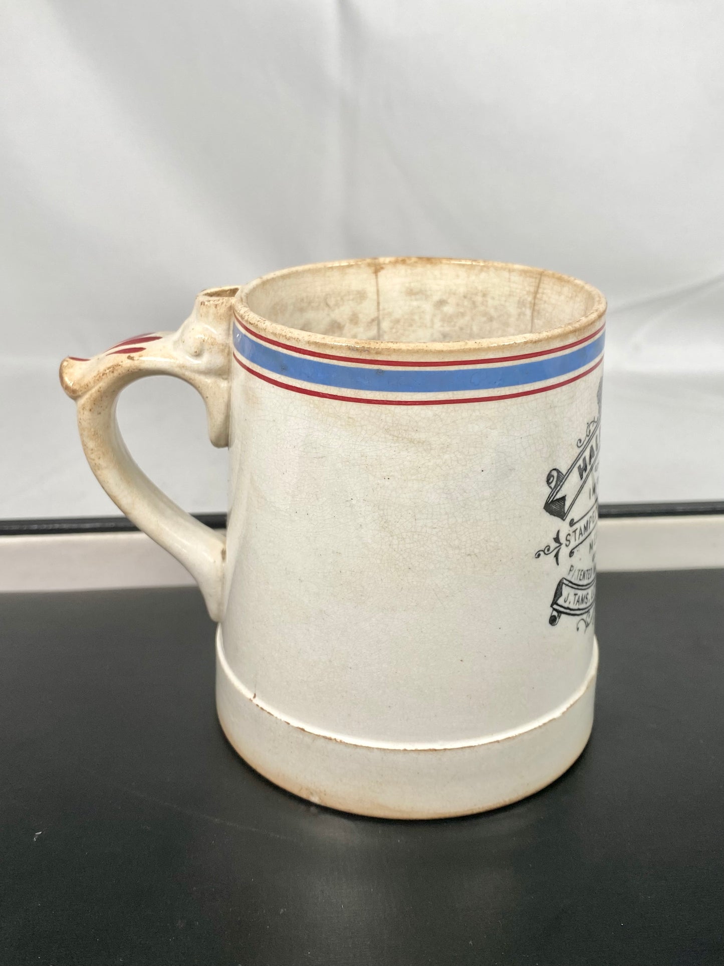 Antique John Tams Earthenware Imperial Half Pint Measuring Mug, Victorian possibly Edwardian