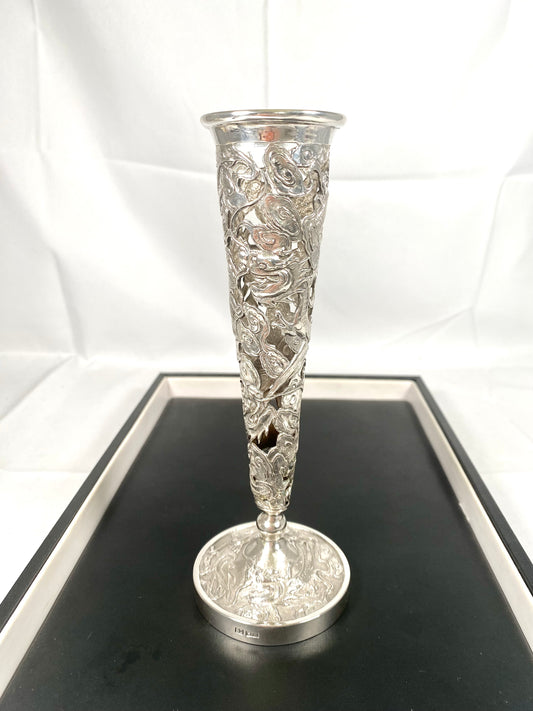 Antique Chinese Export Silver Pierced Trumpet Vase by Wang Hing, Dragon Soaring Amongst Clouds