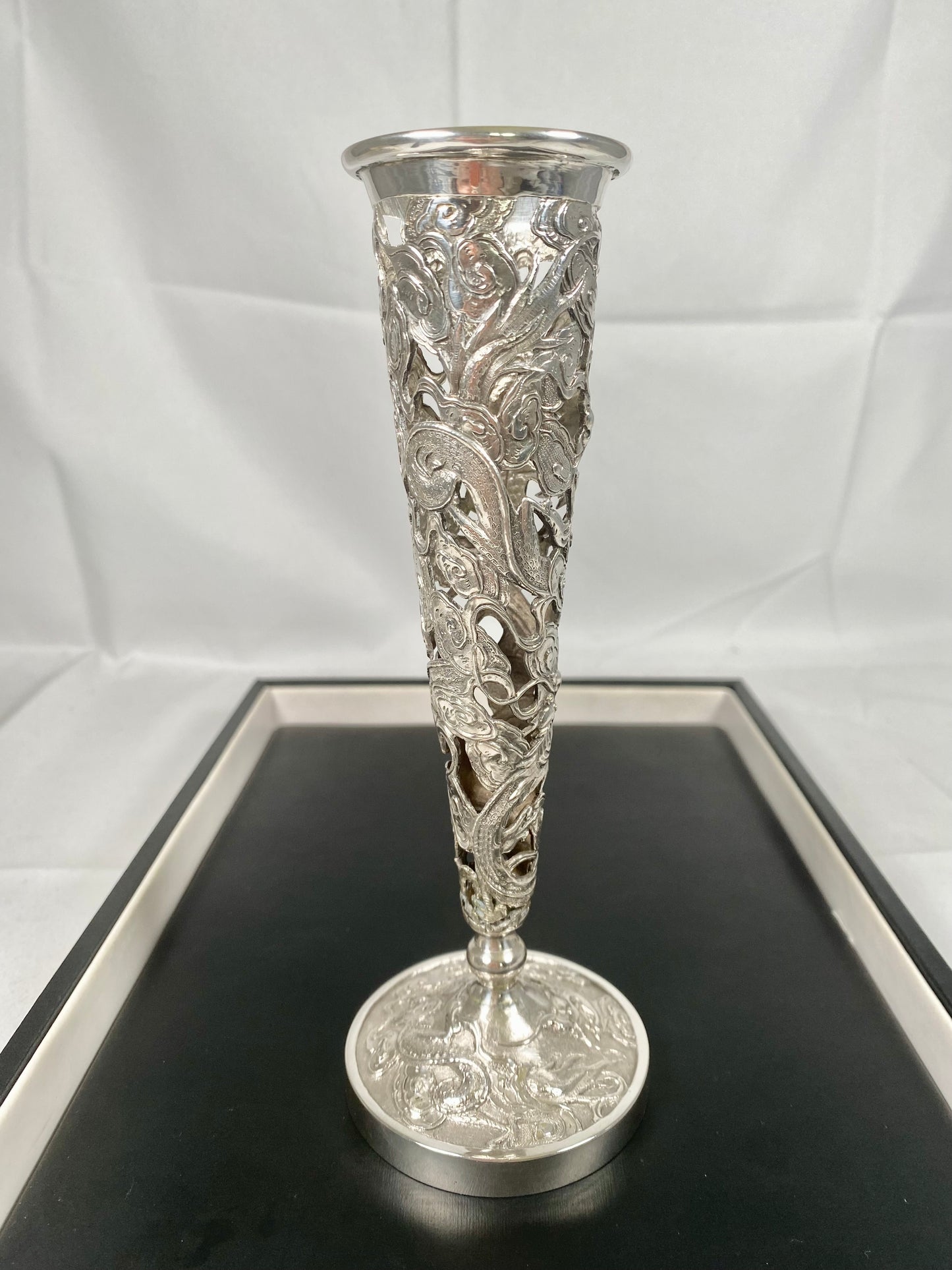 Antique Chinese Export Silver Pierced Trumpet Vase by Wang Hing, Dragon Soaring Amongst Clouds