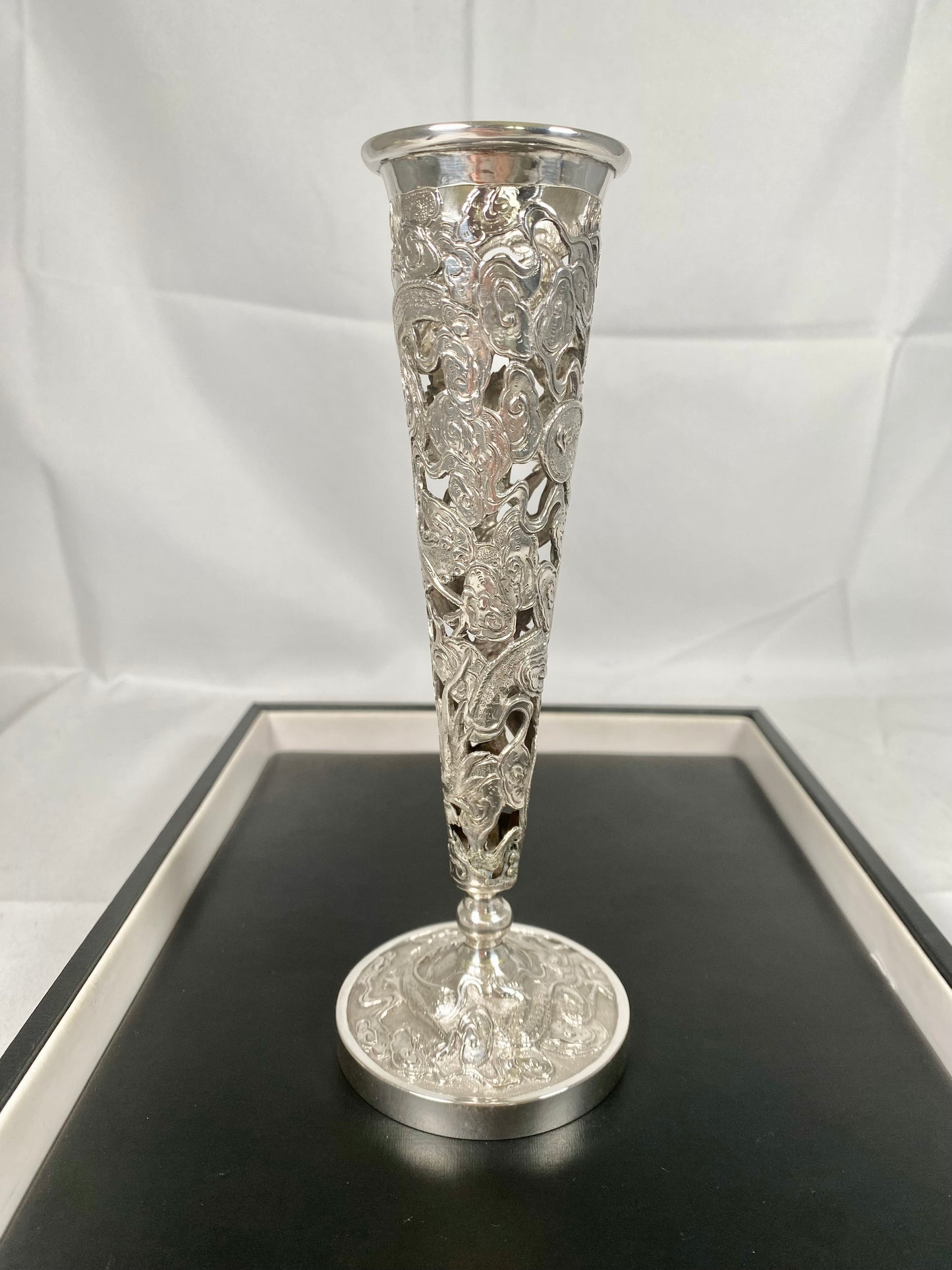 Antique Chinese Export Silver Pierced Trumpet Vase by Wang Hing, Dragon Soaring Amongst Clouds