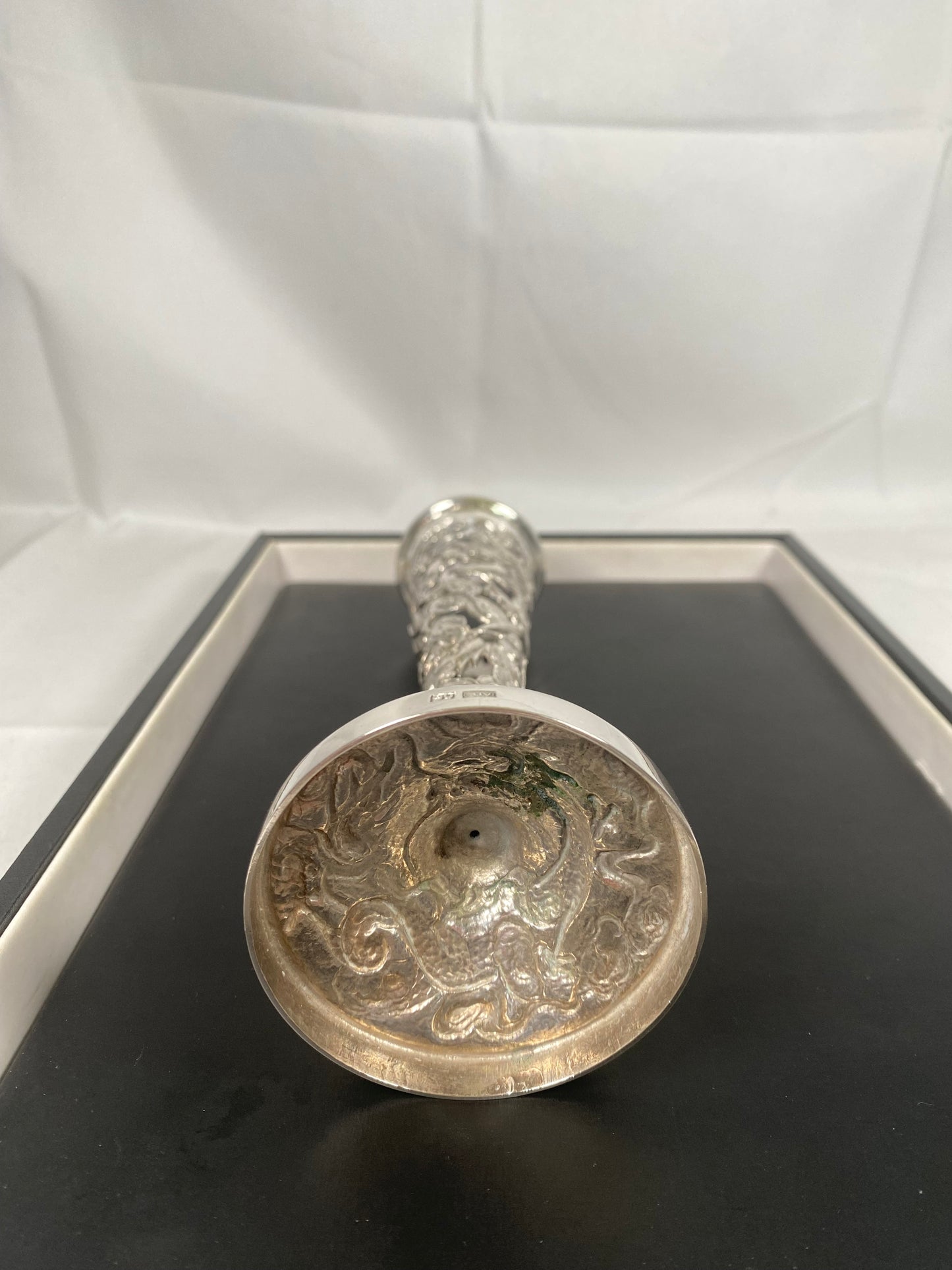 Antique Chinese Export Silver Pierced Trumpet Vase by Wang Hing, Dragon Soaring Amongst Clouds