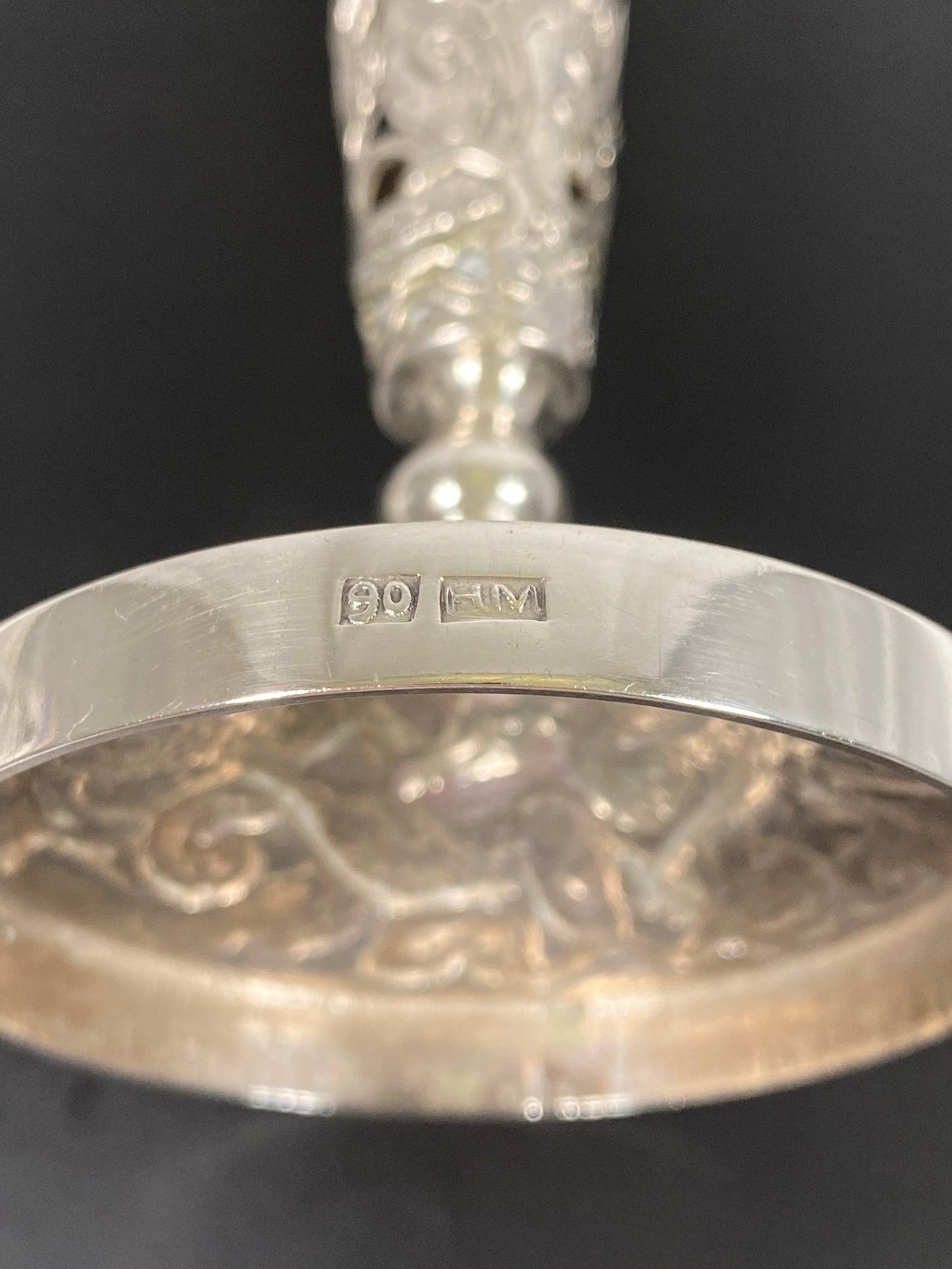 Antique Chinese Export Silver Pierced Trumpet Vase by Wang Hing, Dragon Soaring Amongst Clouds