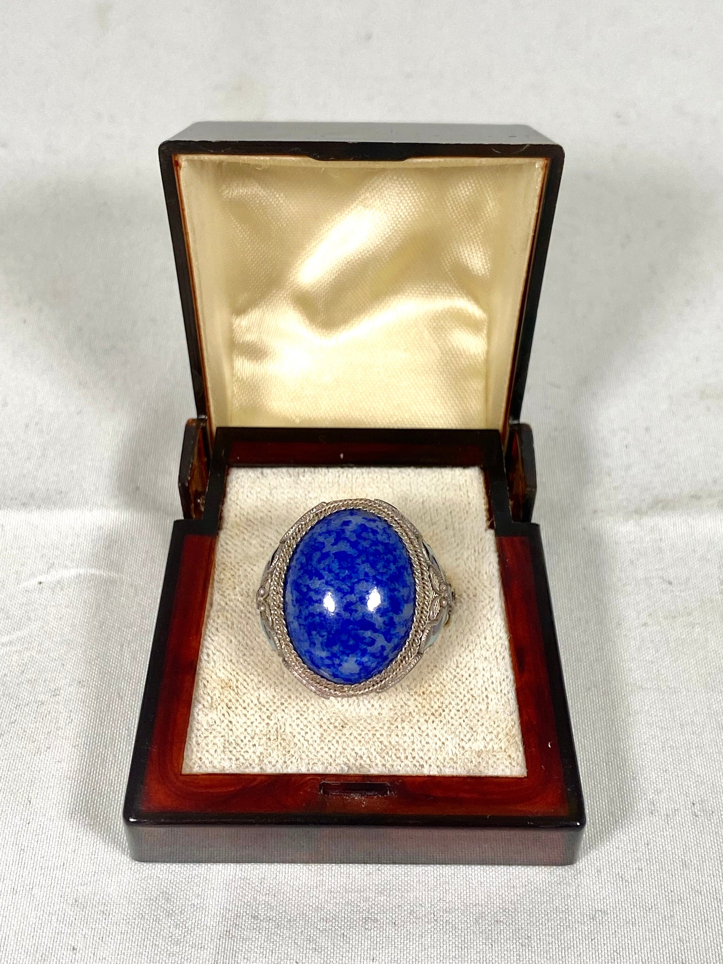 Vintage Near Antique Chinese Export Silver Filigree and Enamel Blue Stone Ring.