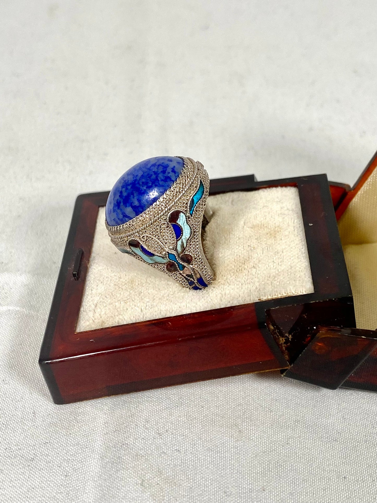 Vintage Near Antique Chinese Export Silver Filigree and Enamel Blue Stone Ring.