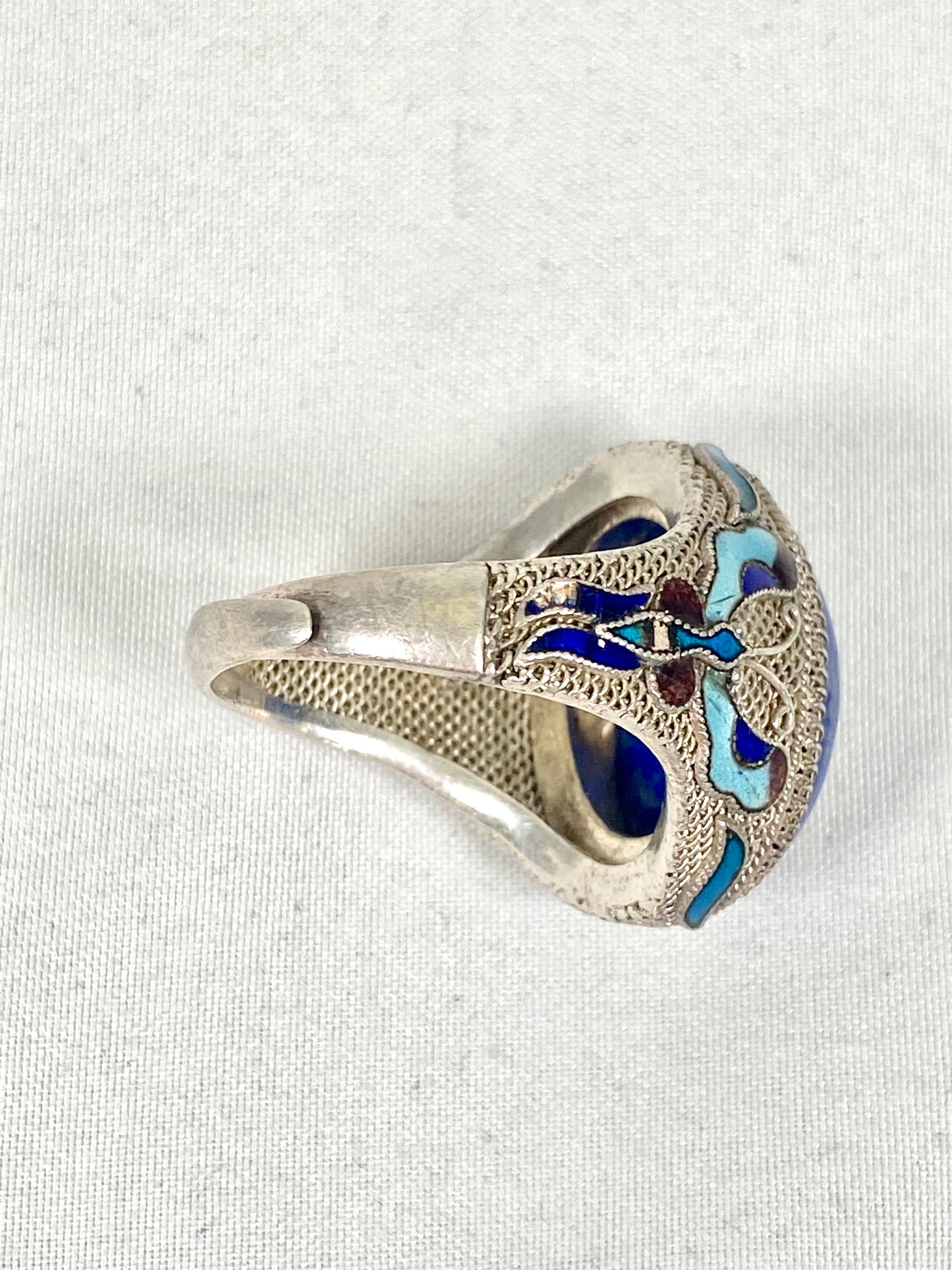 Vintage Near Antique Chinese Export Silver Filigree and Enamel Blue Stone Ring.