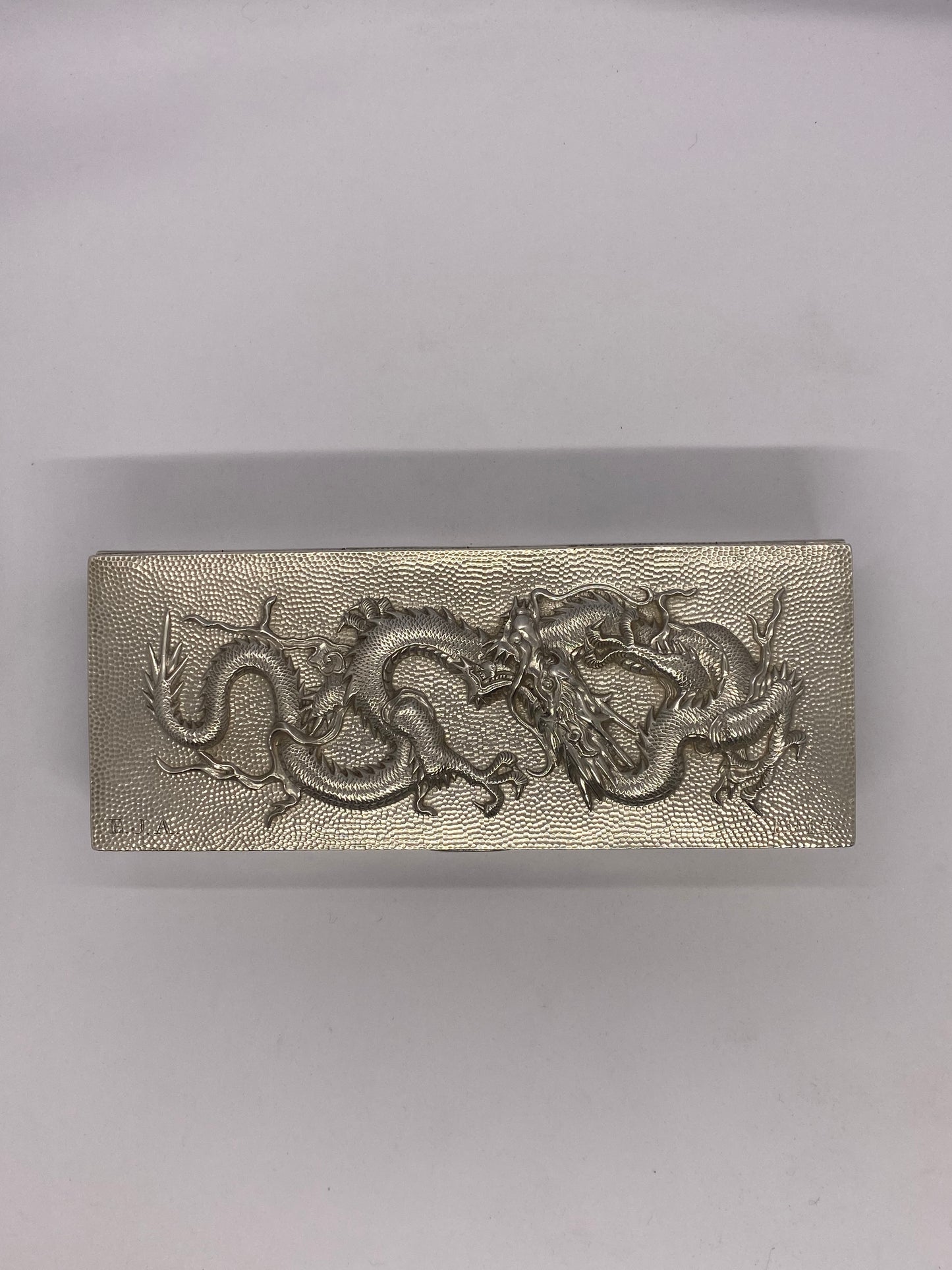 Antique Chinese Export Silver Box w Dragon Design, Luen Hing