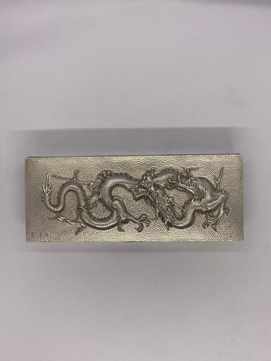 Antique Chinese Export Silver Box w Dragon Design, Luen Hing