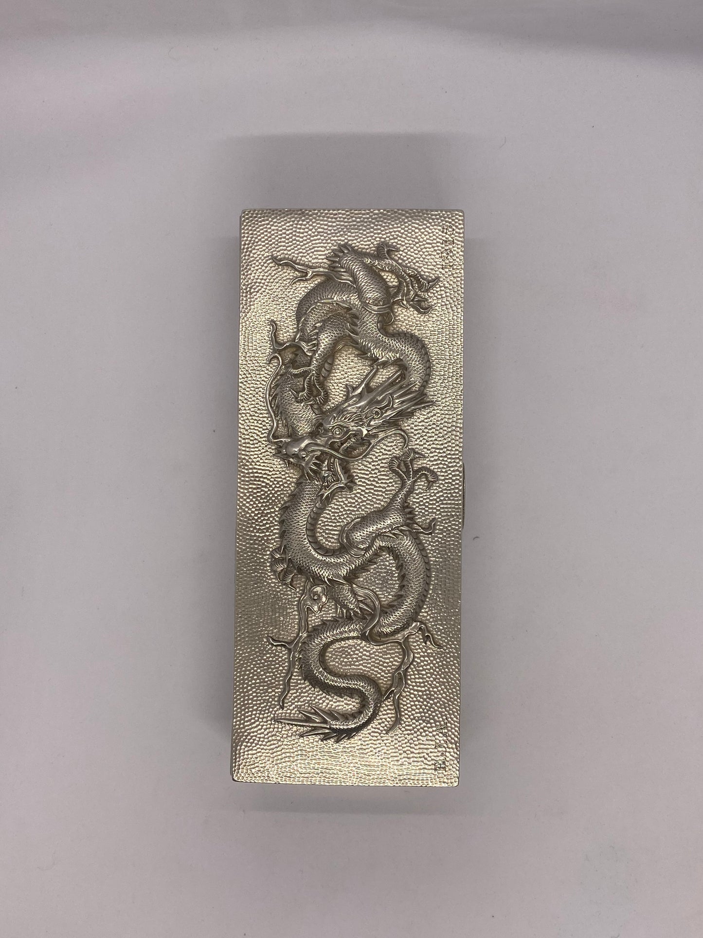 Antique Chinese Export Silver Box w Dragon Design, Luen Hing