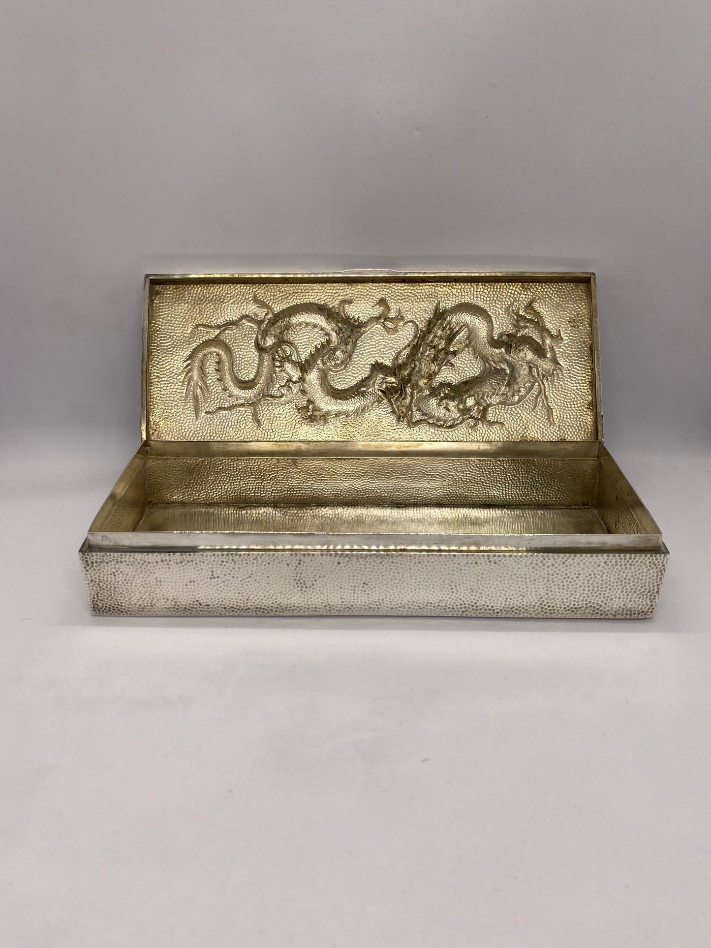 Antique Chinese Export Silver Box w Dragon Design, Luen Hing