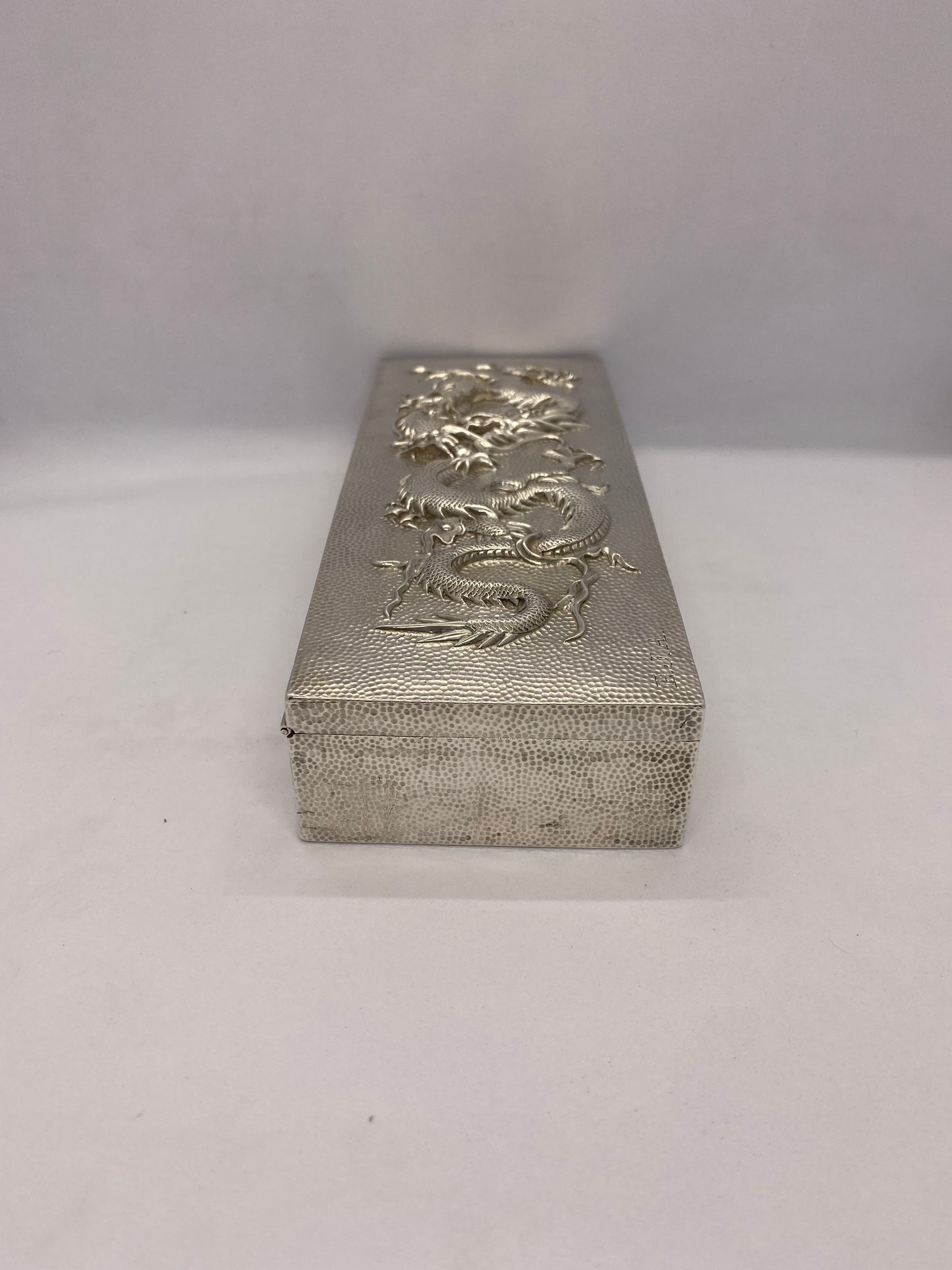 Antique Chinese Export Silver Box w Dragon Design, Luen Hing
