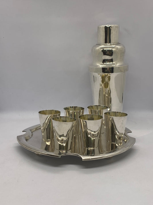 Juego de cóctel Luen Hing de plata china antigua con coctelera, 6 vasos de chupito y bandeja