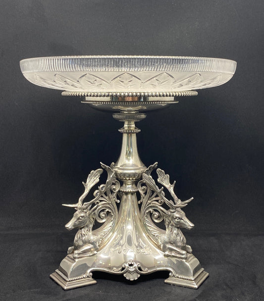 High Victorian Cartwright & Woodward Sterling Silver and Crystal Stag Headed Comport
