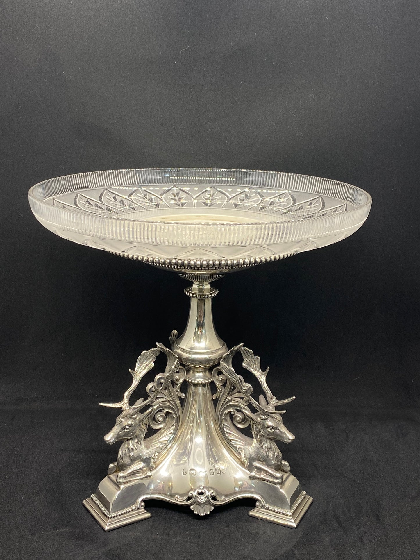 High Victorian Cartwright & Woodward Sterling Silver and Crystal Stag Headed Comport